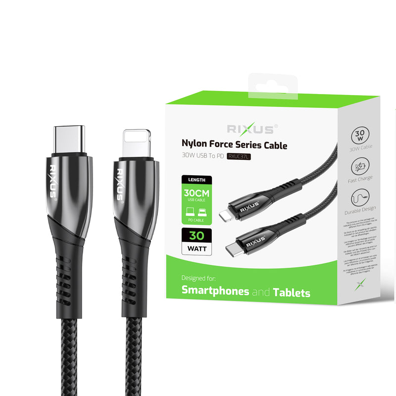Rixus RXUC37L Fast Charging Cable USB-C To Lightning Nylon 30CM Black