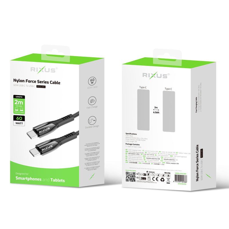 Rixus RXUC38C Fast Charging Cable USB-C To USB-C Braided Nylon 200CM Black