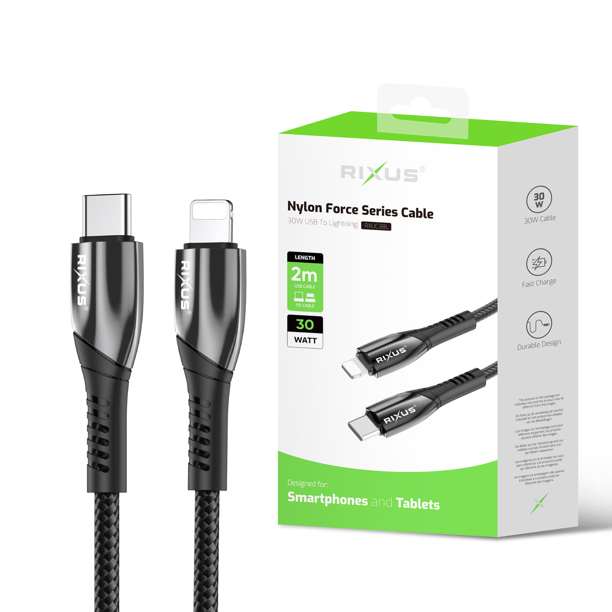 Rixus RXUC38L Fast Charging Cable USB-C To Lightning Connector Nylon 2m Black