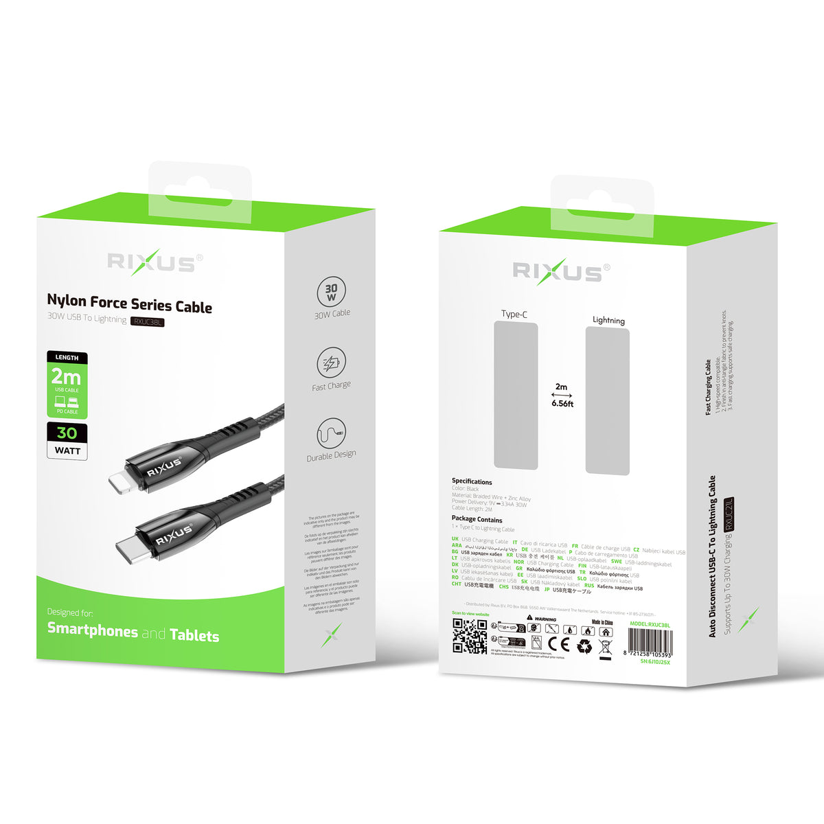 Rixus RXUC38L Fast Charging Cable USB-C To Lightning Connector Nylon 2m Black