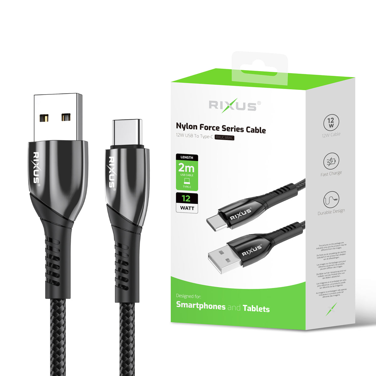 Rixus RXUC38AC Charging Cable USB-A To USB-C Braided Nylon 2m Black