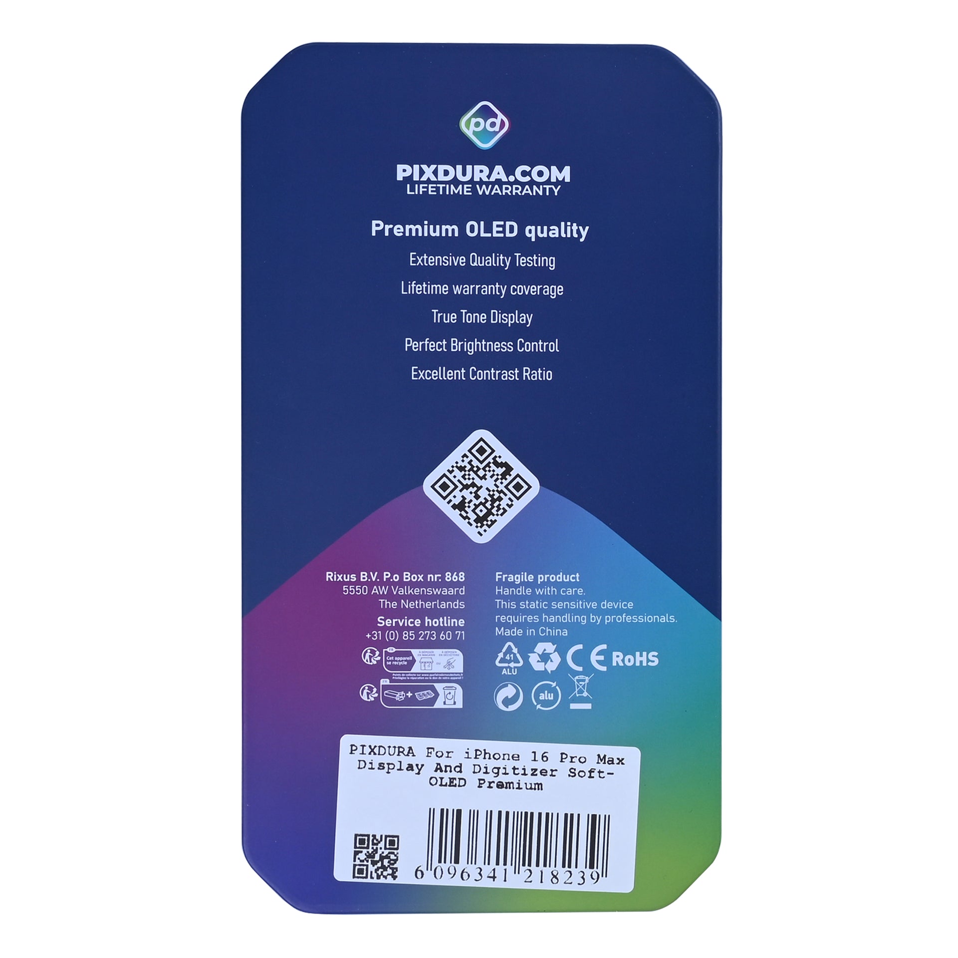 PIXDURA For Apple iPhone 16 Pro Max Display And Digitizer Soft-OLED Premium (IC Removable) (120Hz)