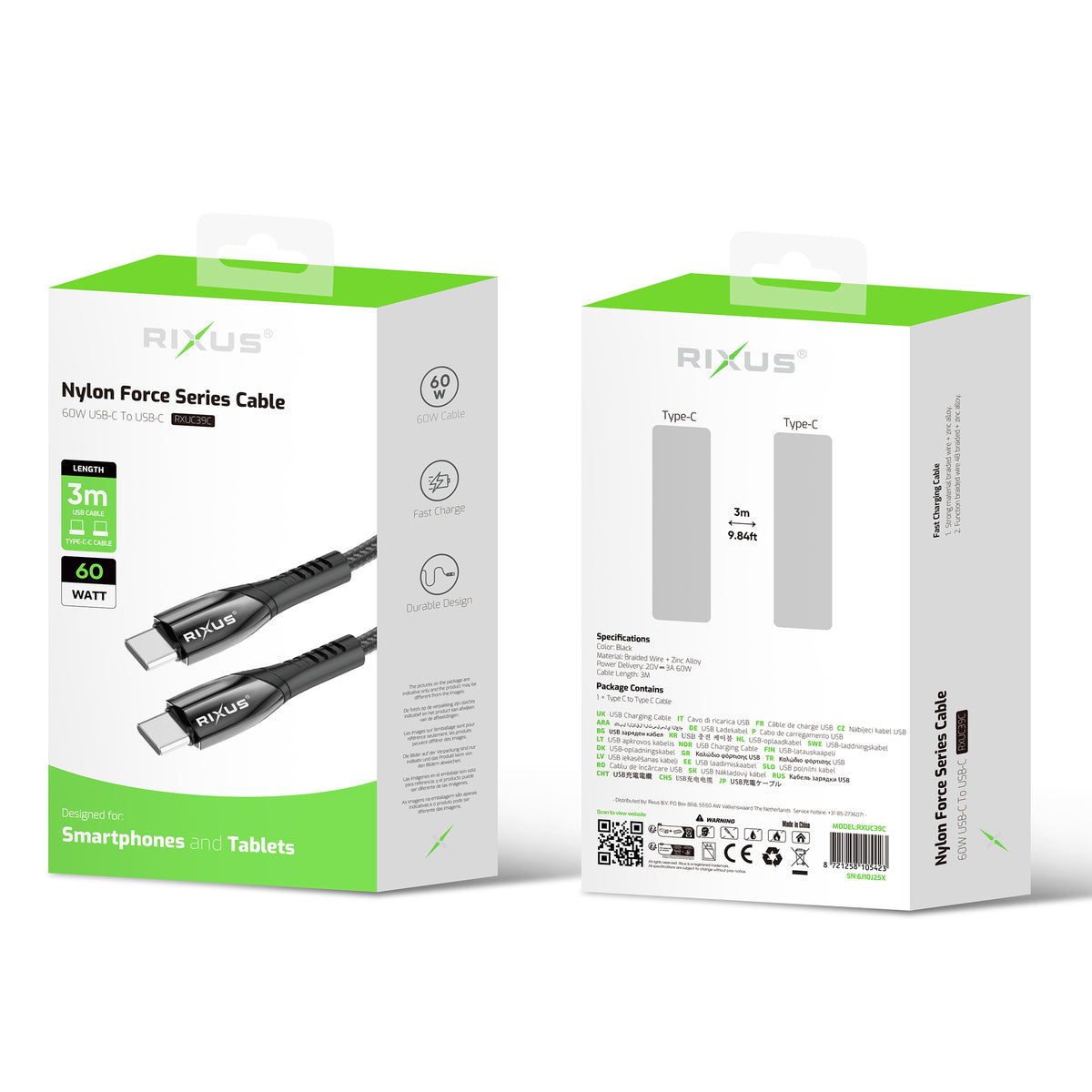 Rixus RXUC39C Fast Charging Cable USB-C To USB-C Braided Nylon 3m Black