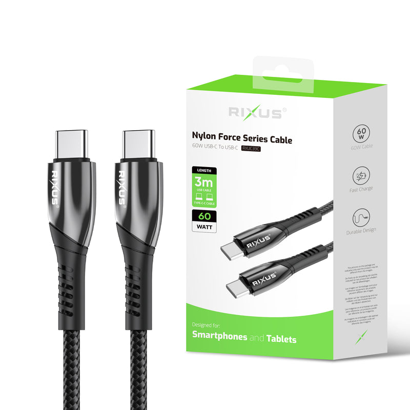 Rixus RXUC39C Fast Charging Cable USB-C To USB-C Braided Nylon 300CM Black