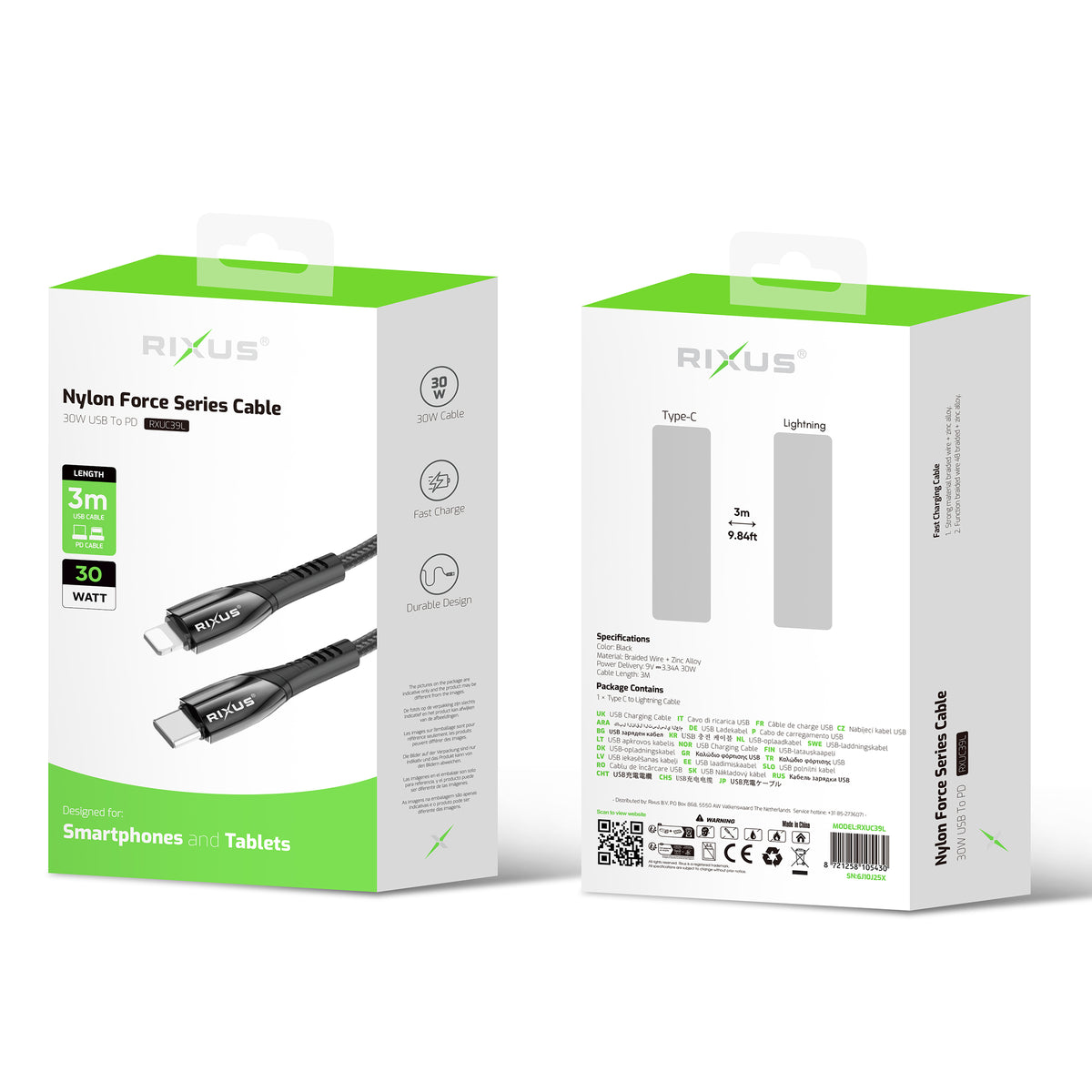 Rixus RXUC39L Fast Charging Cable USB-C To Lightning Connector Nylon 3m Black