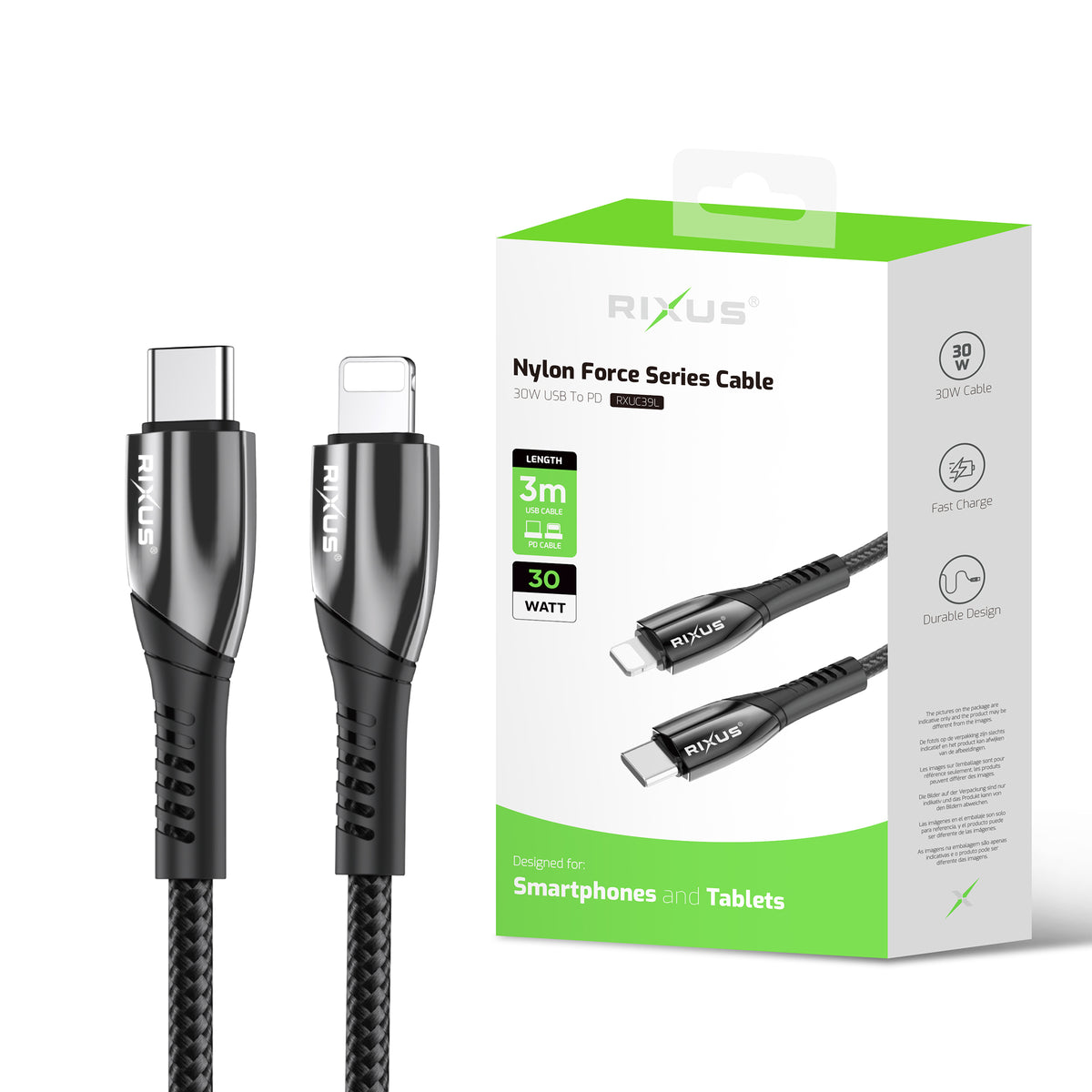 Rixus RXUC39L Fast Charging Cable USB-C To Lightning Connector Nylon 3m Black