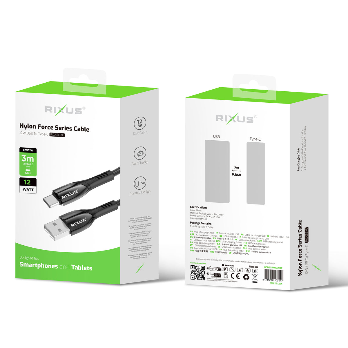 Rixus RXUC39AC Charging Cable USB-A To USB-C Braided Nylon 3m Black