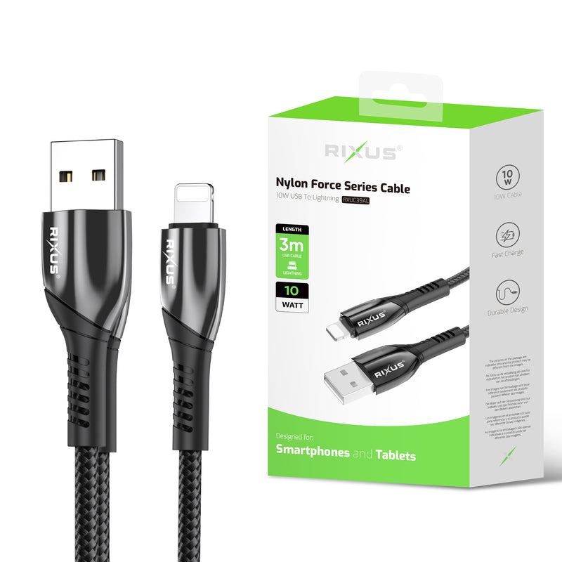 Rixus RXUC39AL Charging Cable USB-A To Lightning Nylon 300CM Black