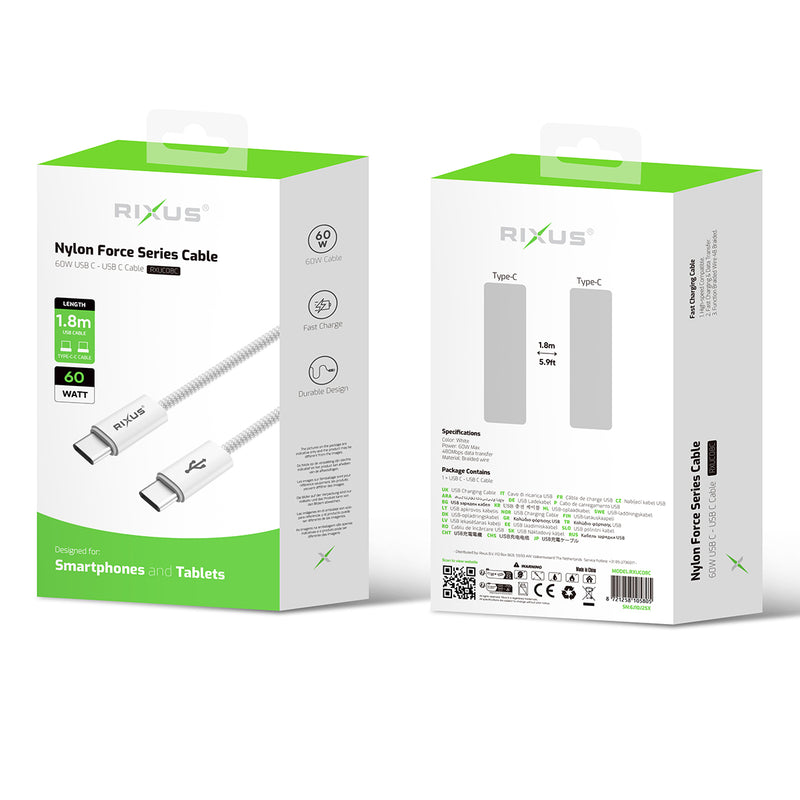 Rixus RXUC08C Fast Charging Cable USB-C To USB-C Cable Braided Nylon 180CM White