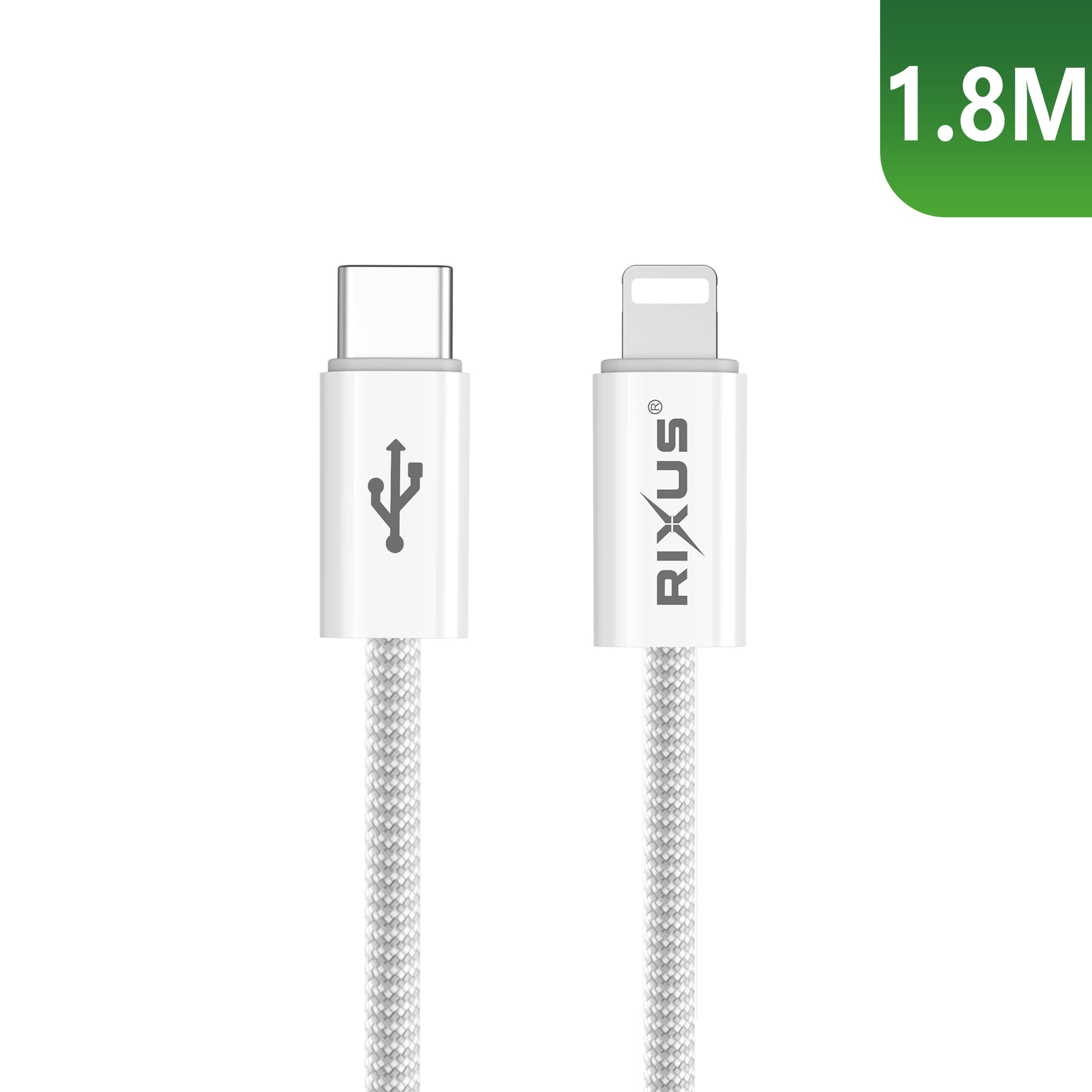 Rixus RXUC08L Fast Charging Cable USB-C To Lightning Connector Cable Braided Nylon 1.8m White
