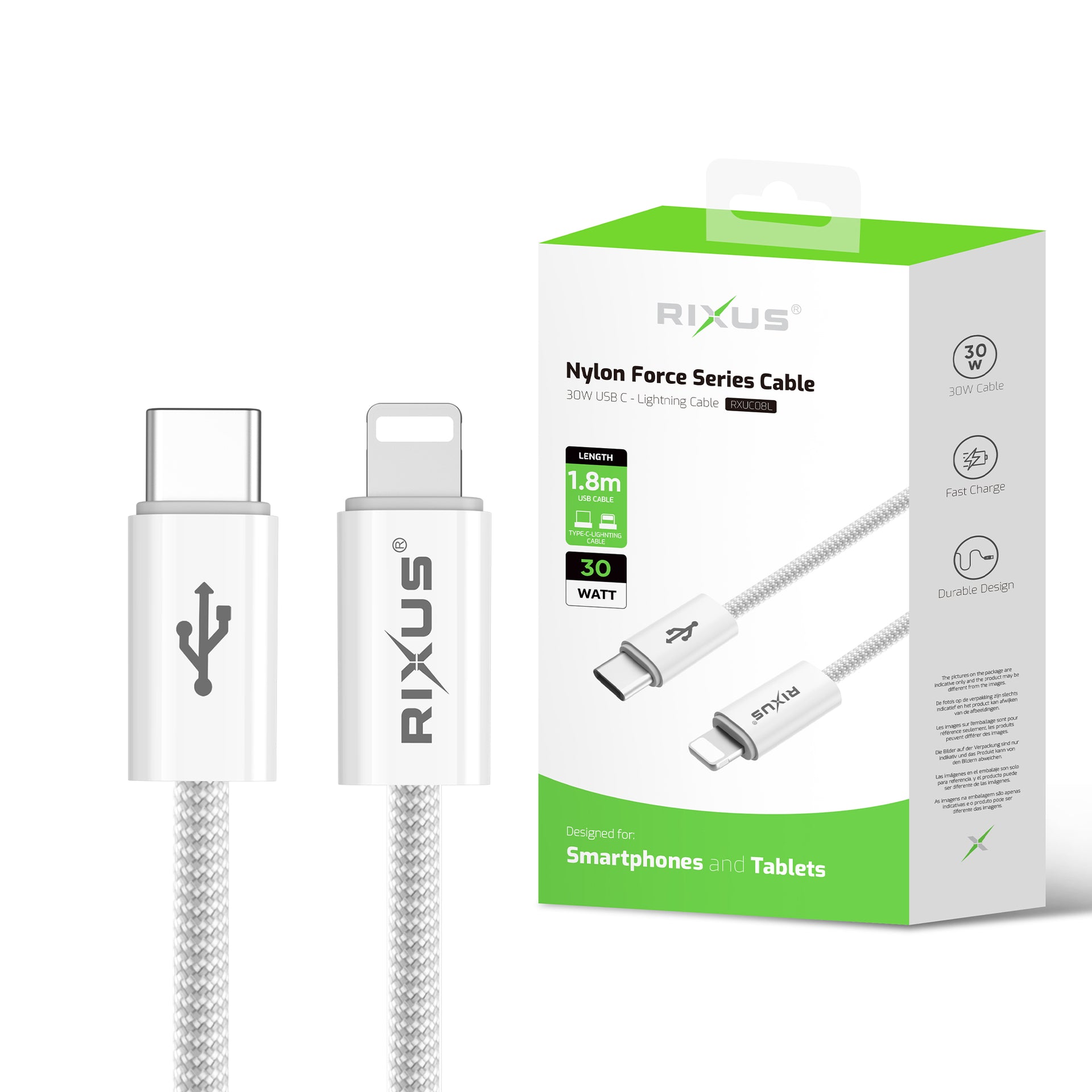 Rixus RXUC08L Fast Charging Cable USB-C To Lightning Connector Cable Braided Nylon 1.8m White