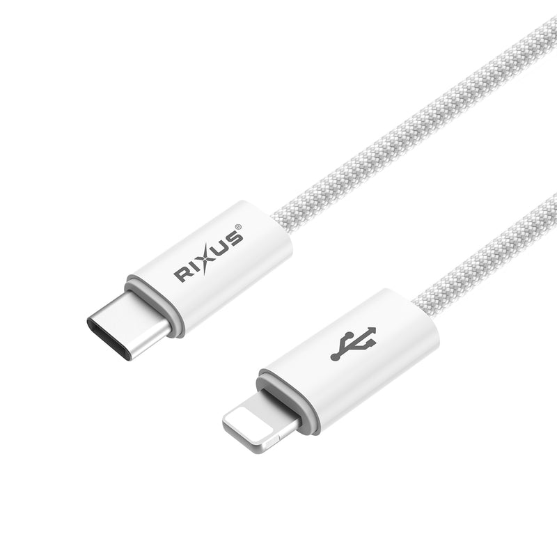 Rixus RXUC08L Fast Charging Cable USB-C To Lightning Cable Braided Nylon 180CM White
