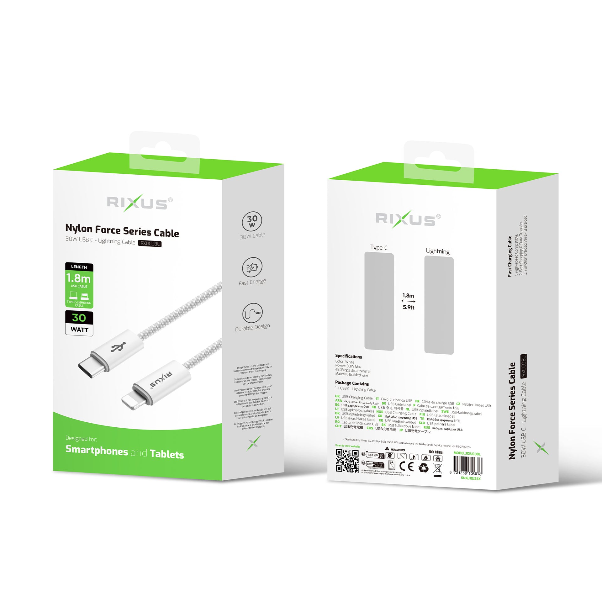 Rixus RXUC08L Fast Charging Cable USB-C To Lightning Connector Cable Braided Nylon 1.8m White