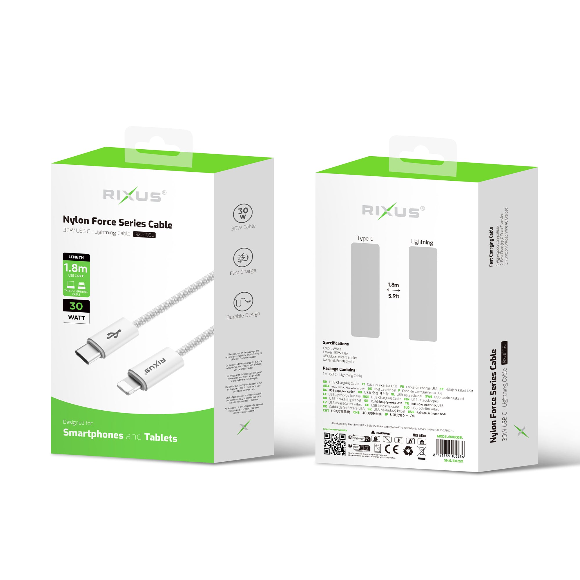 Rixus RXUC08L Fast Charging Cable USB-C To Lightning Connector Cable Braided Nylon 1.8m White