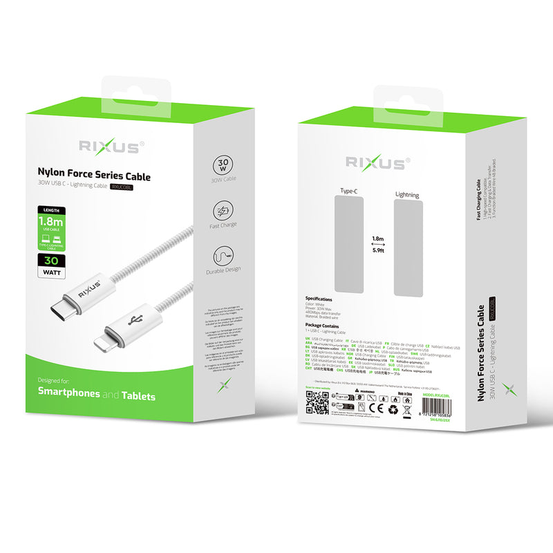 Rixus RXUC08L Fast Charging Cable USB-C To Lightning Cable Braided Nylon 180CM White