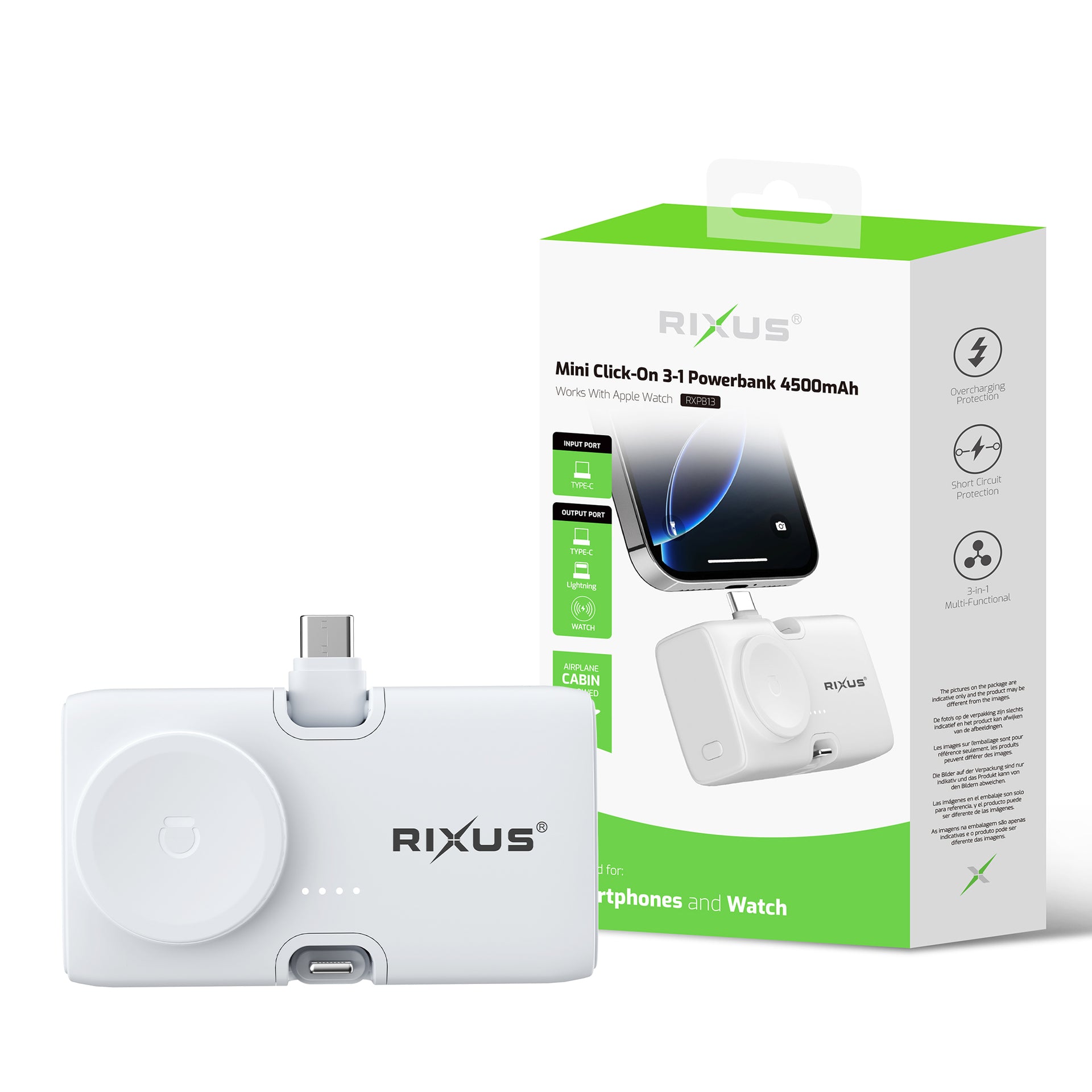 Rixus RXPB13 Mini Click-On 3 in 1 Powerbank 4500mAh White