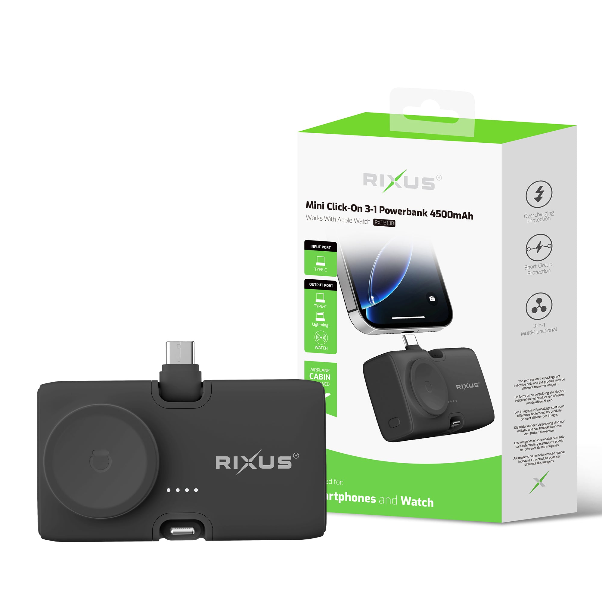 Rixus RXPB13B Mini Click-On 3 in 1 Powerbank 4500mAh Black