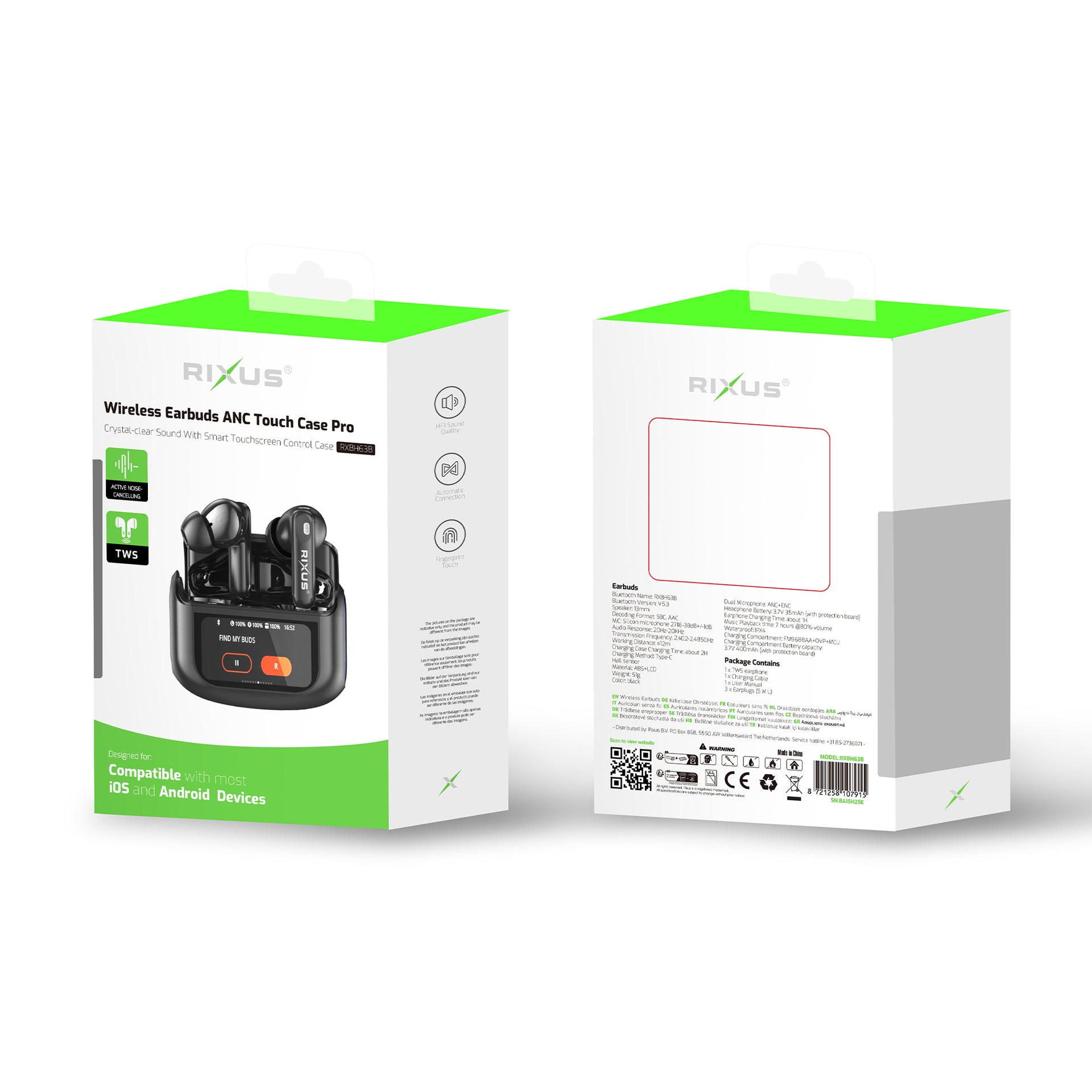 Rixus RXBH63B Wireless Earbuds Touch Case Pro Black