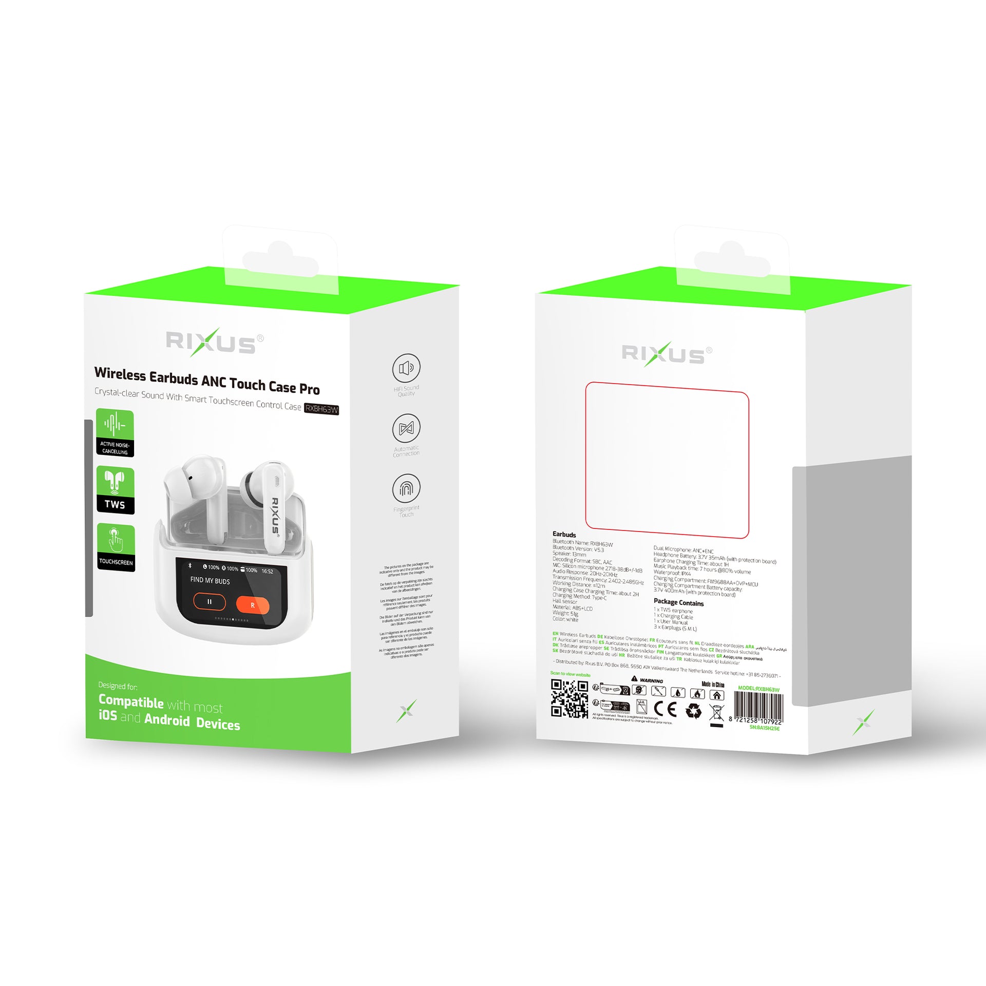 Rixus RXBH63W Wireless Earbuds Touch Case Pro White