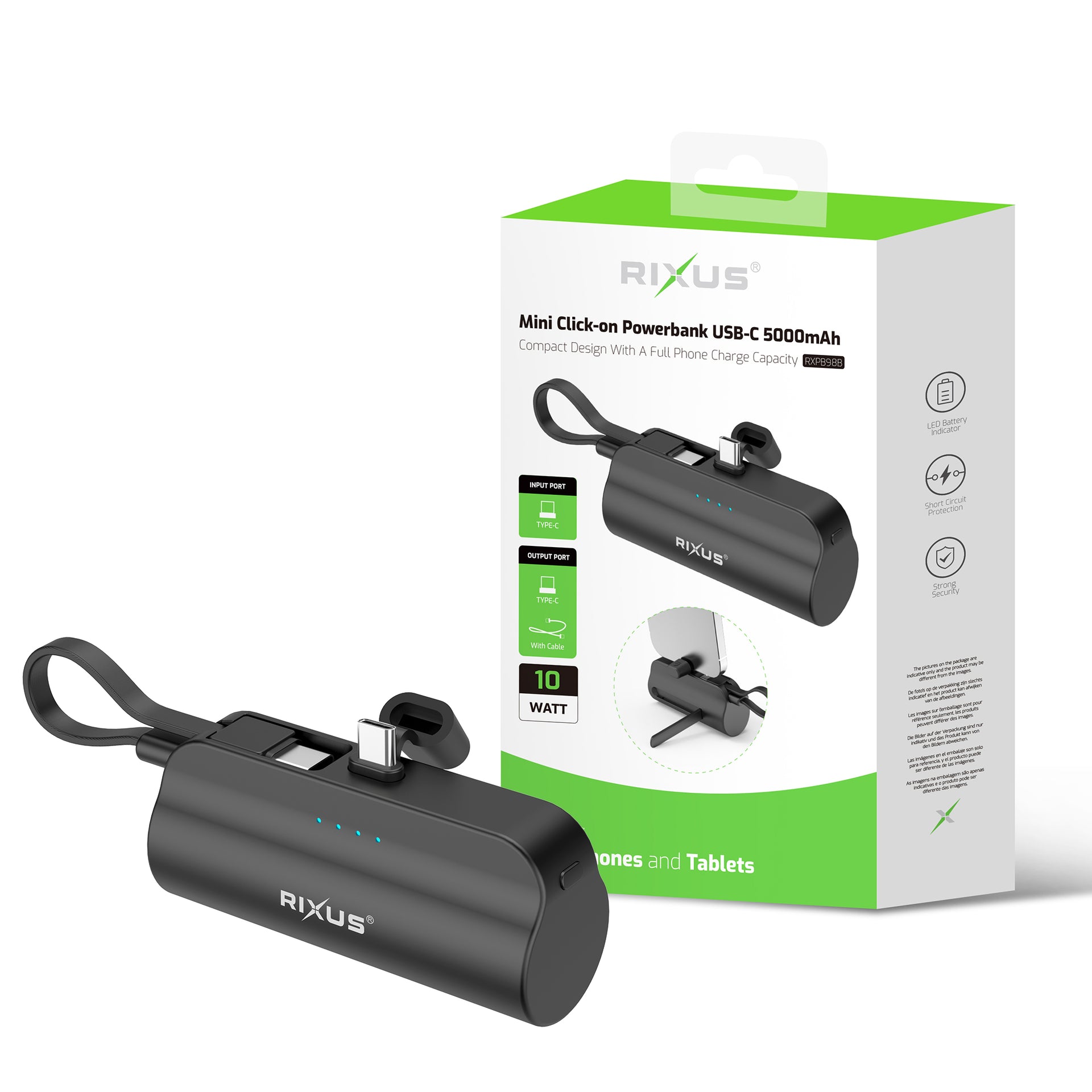 Rixus RXPB98B Mini Click-On Powerbank USB-C 5000mAh Black