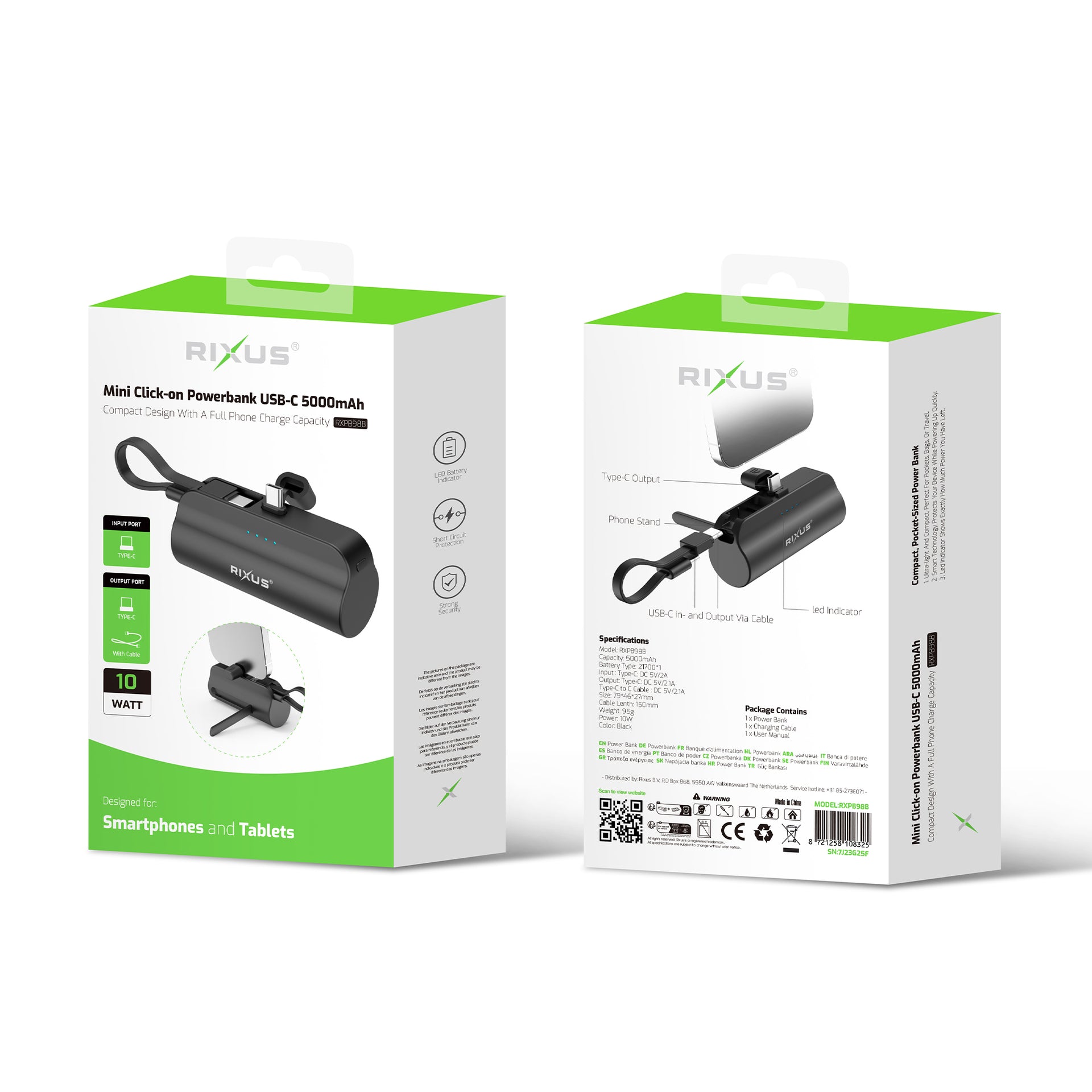 Rixus RXPB98B Mini Click-On Powerbank USB-C 5000mAh Black