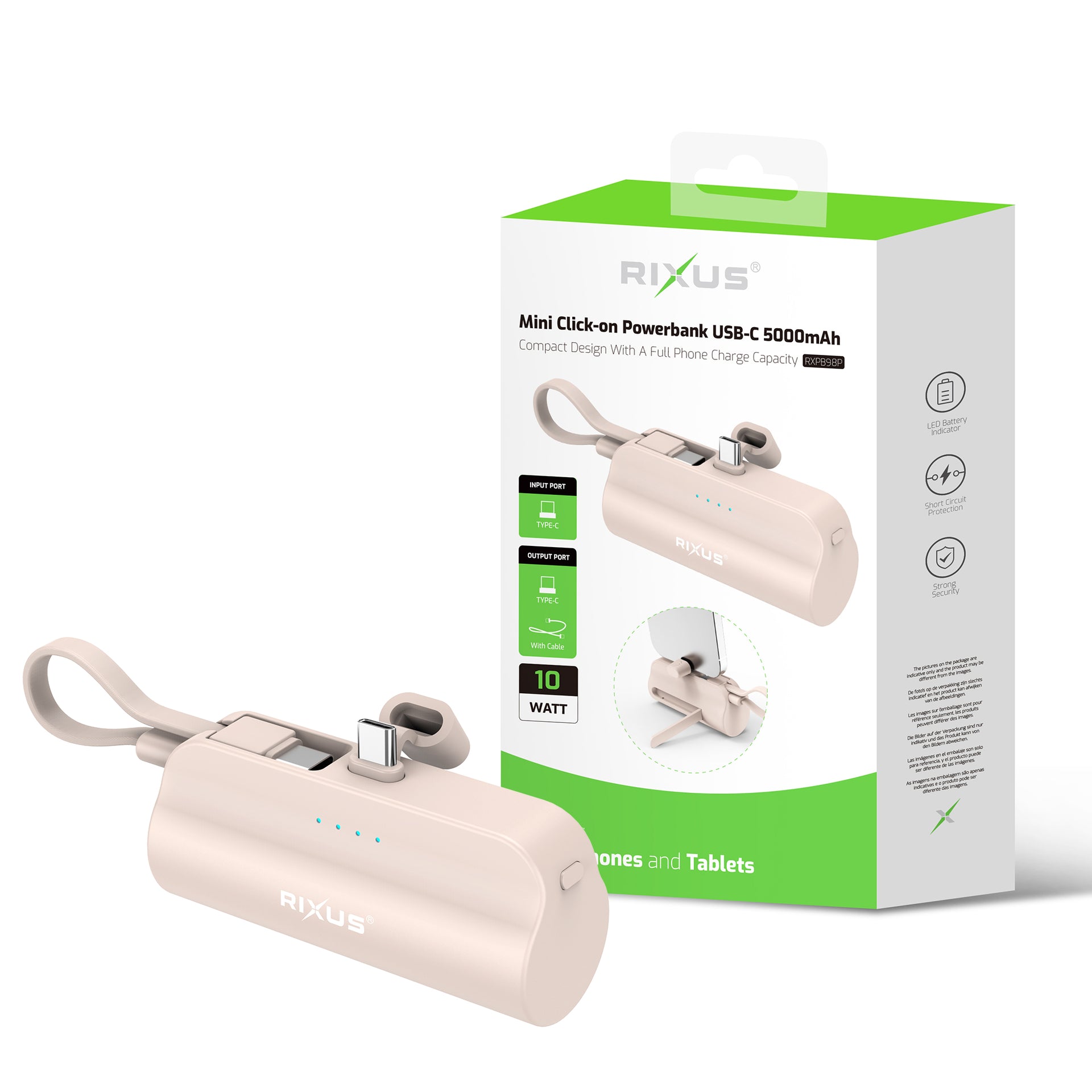Rixus RXPB98P Mini Click-On Powerbank USB-C 5000mAh Pink