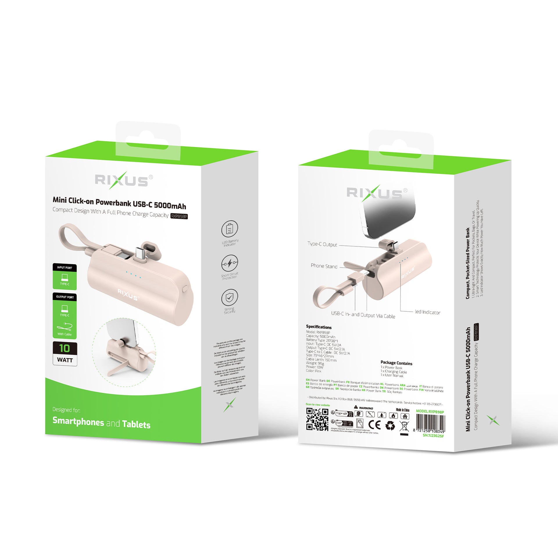 Rixus RXPB98P Mini Click-On Powerbank USB-C 5000mAh Pink