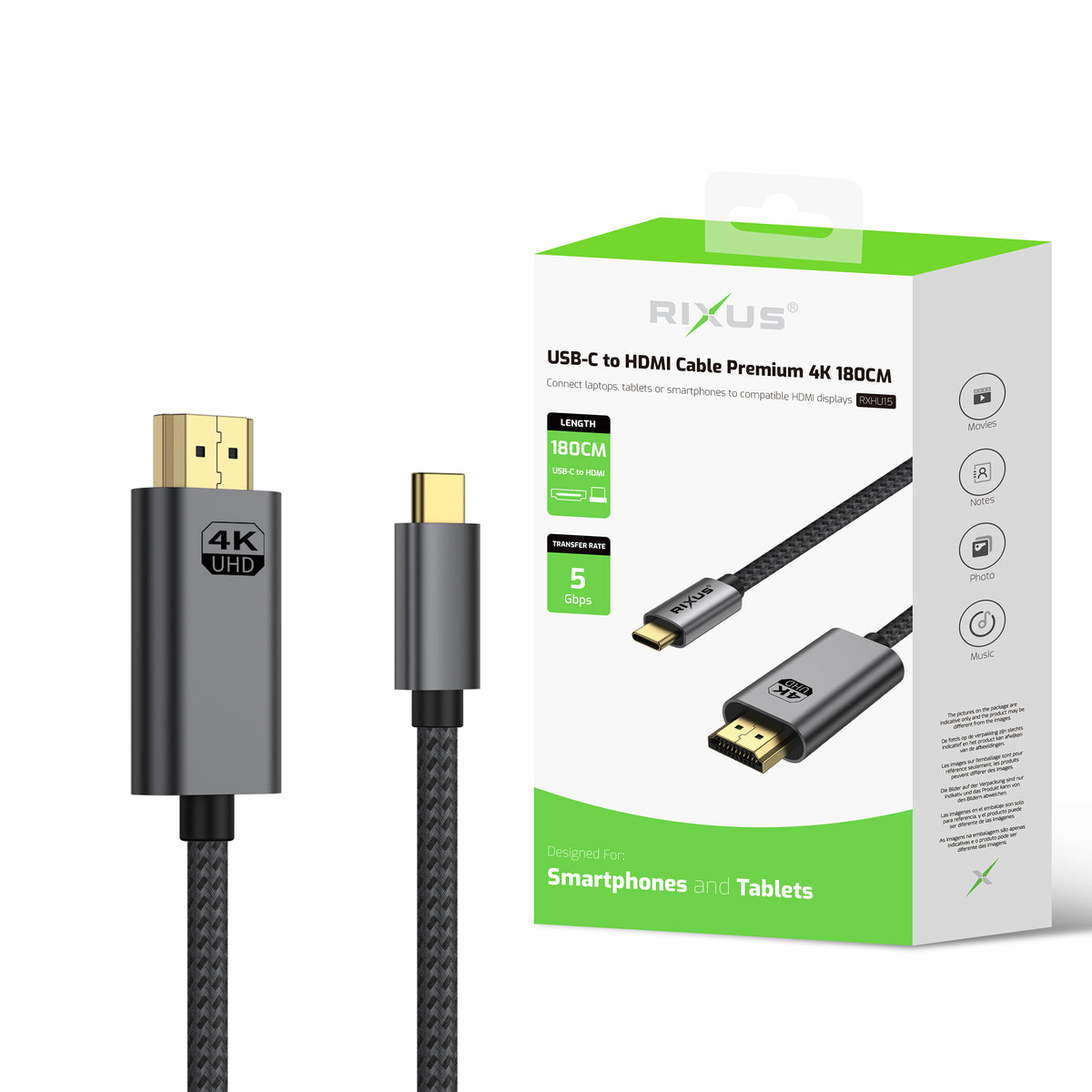 Rixus RXHU15 USB-C To HDMI Cable Premium 4K 1.8m Space Gray