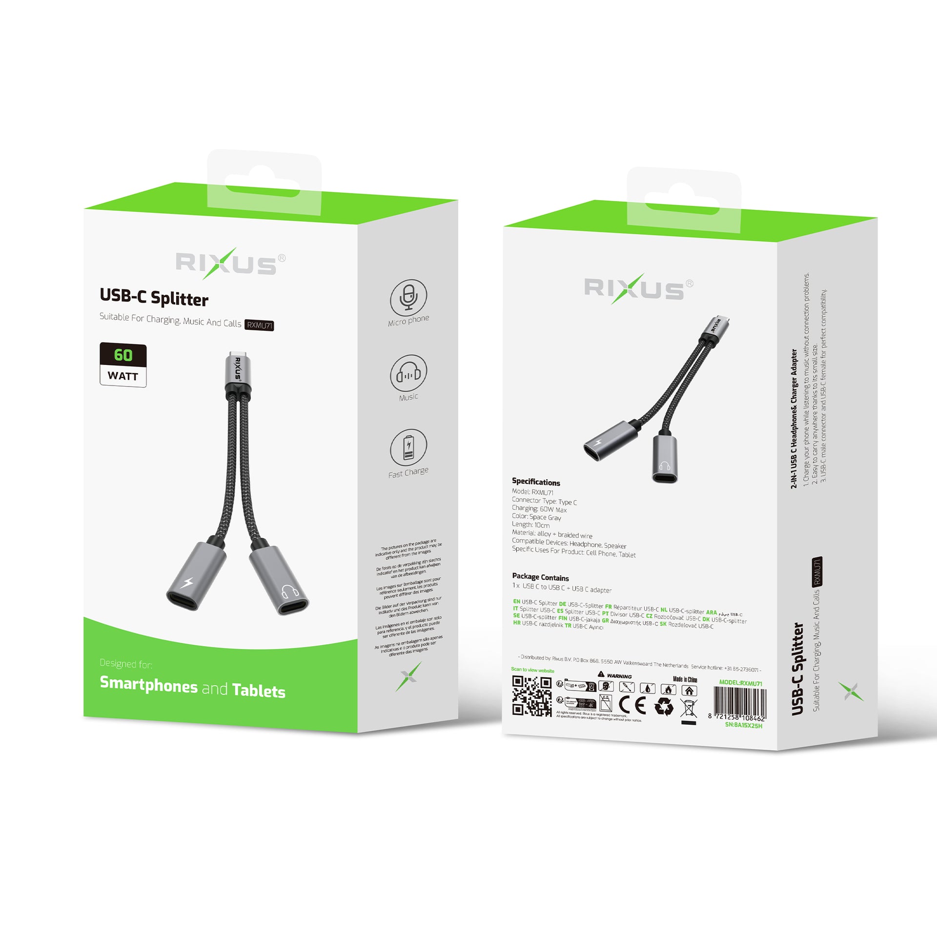 Rixus RXMU71 USB-C Splitter 15cm Space Gray