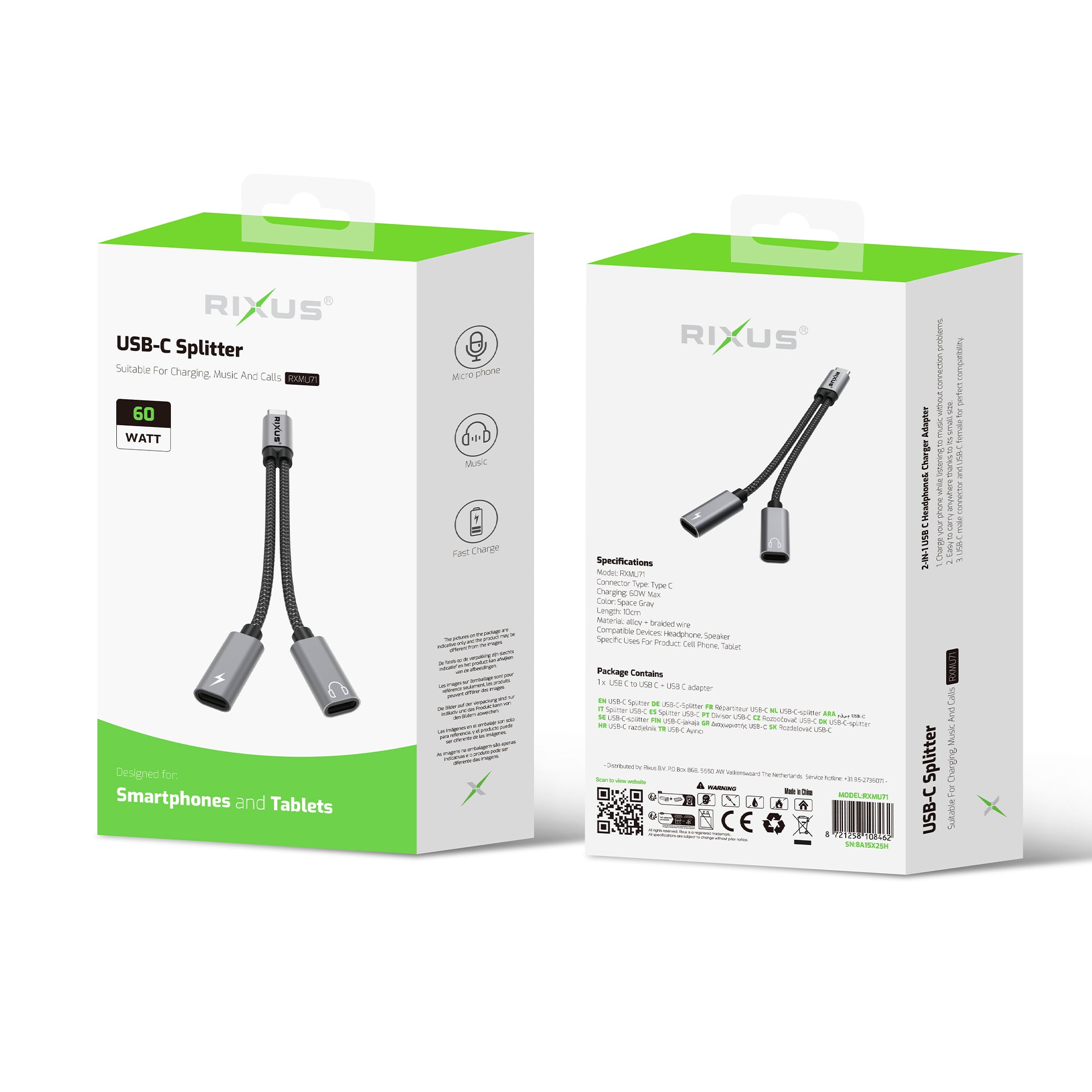 Rixus RXMU71 USB-C Splitter 15cm Space Gray