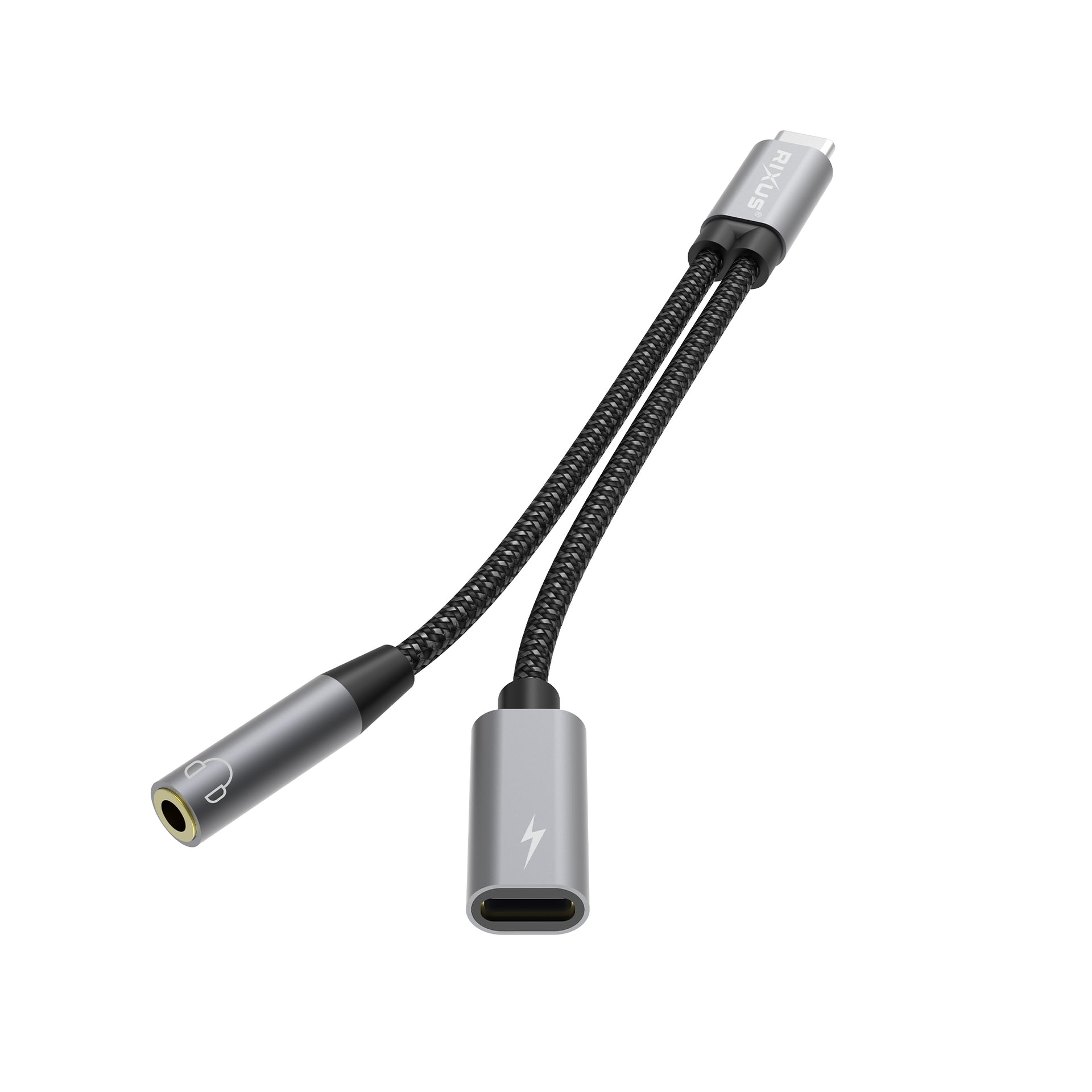 Rixus RXMU72 USB-C To USB-C And 3.5mm Aux Splitter 15cm Space Gray