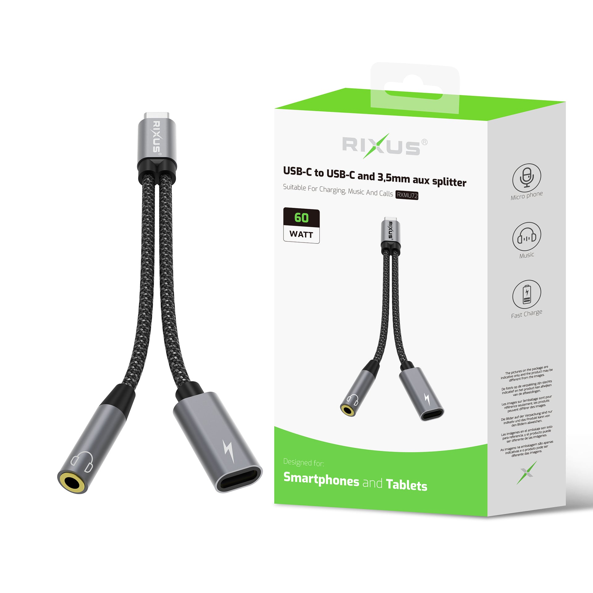 Rixus RXMU72 USB-C To USB-C And 3.5mm Aux Splitter 15cm Space Gray