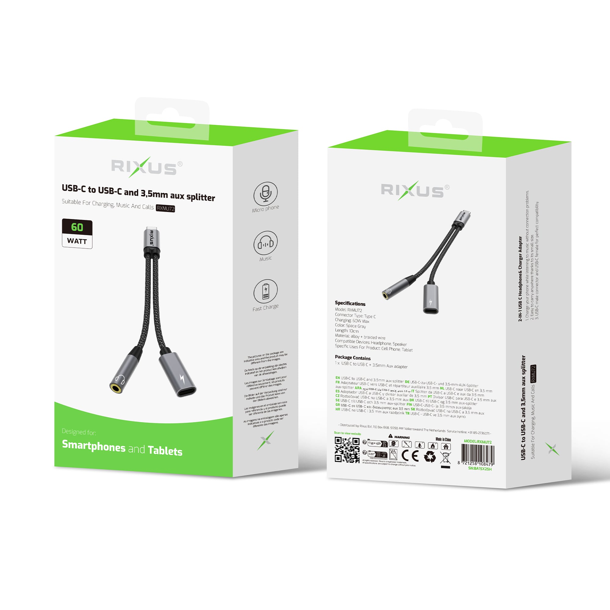 Rixus RXMU72 USB-C To USB-C And 3.5mm Aux Splitter 15cm Space Gray
