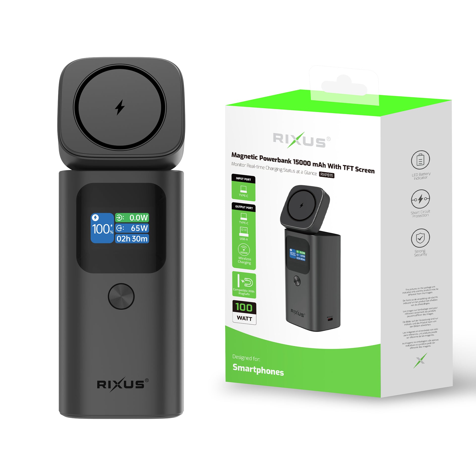 Rixus RXPB15 Magnetic Powerbank With TFT Screen 15000mAh 100W Dark grey