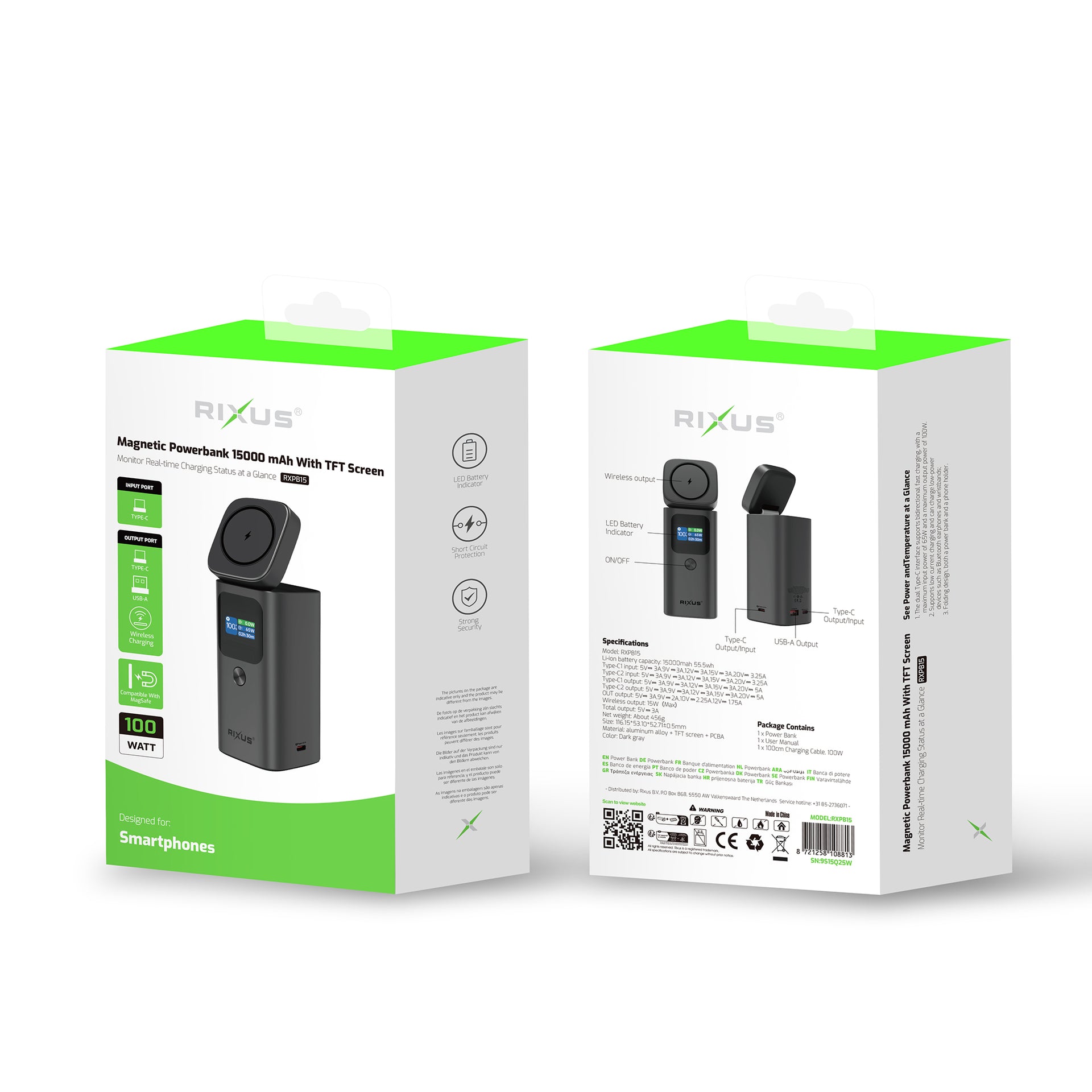 Rixus RXPB15 Magnetic Powerbank With TFT Screen 15000mAh 100W Dark grey