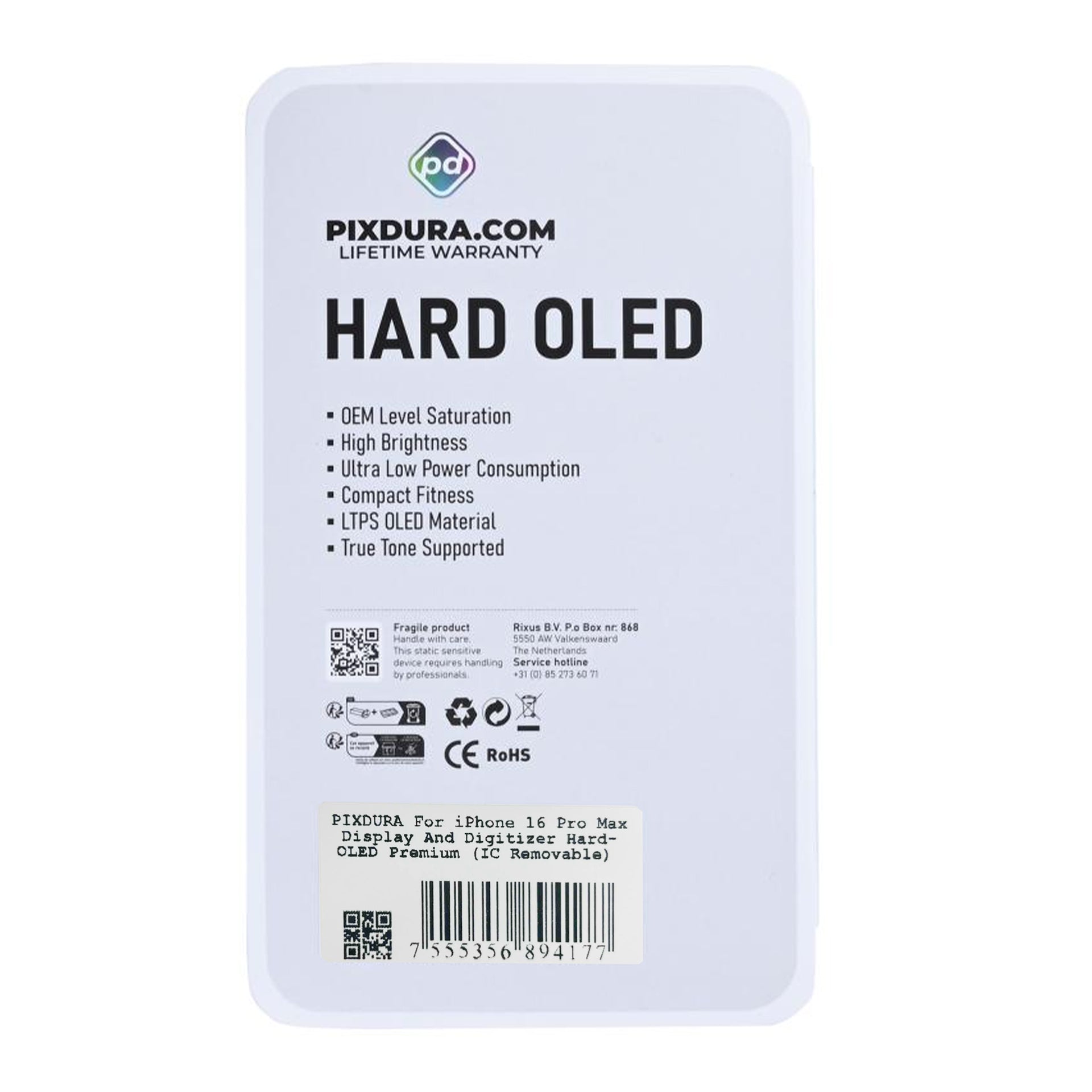 PIXDURA For Apple iPhone 16 Pro Max Display And Digitizer Hard-OLED Premium (IC Removable) (90Hz)