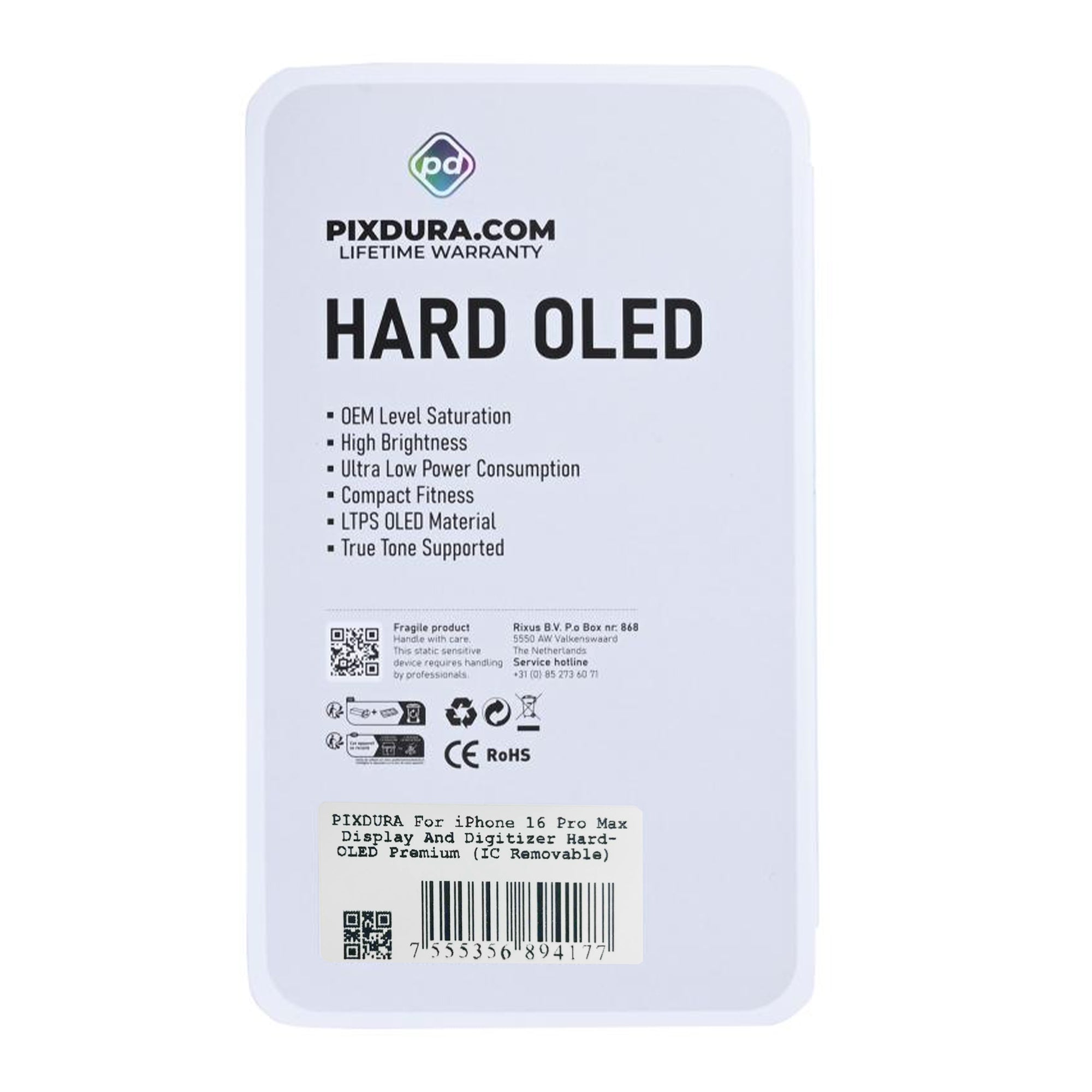 PIXDURA For Apple iPhone 16 Pro Max Display And Digitizer Hard-OLED Premium (IC Removable) (90Hz)