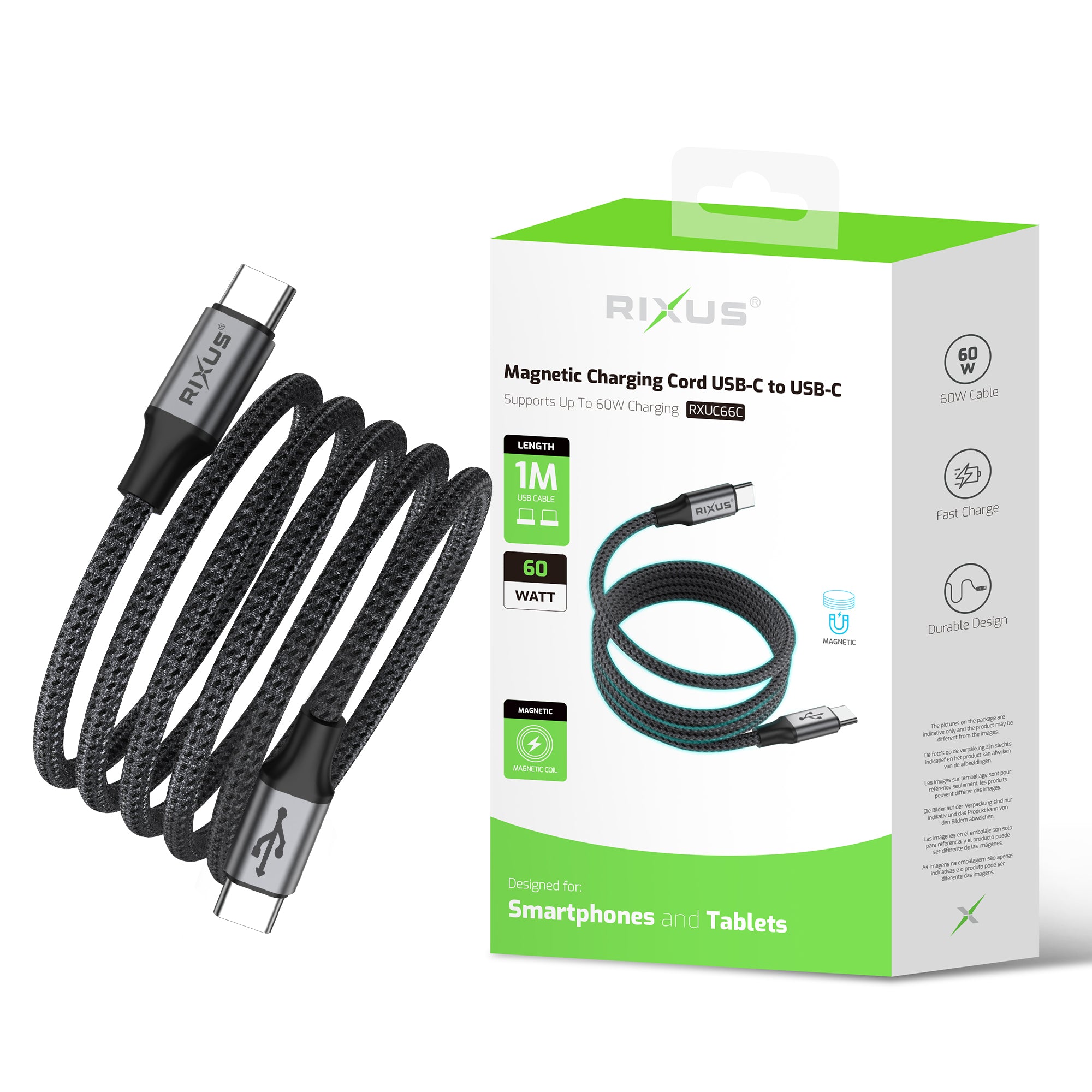 Rixus RXUC66C Magnetic Charging Cord USB-C To USB-C 1m 60W Black