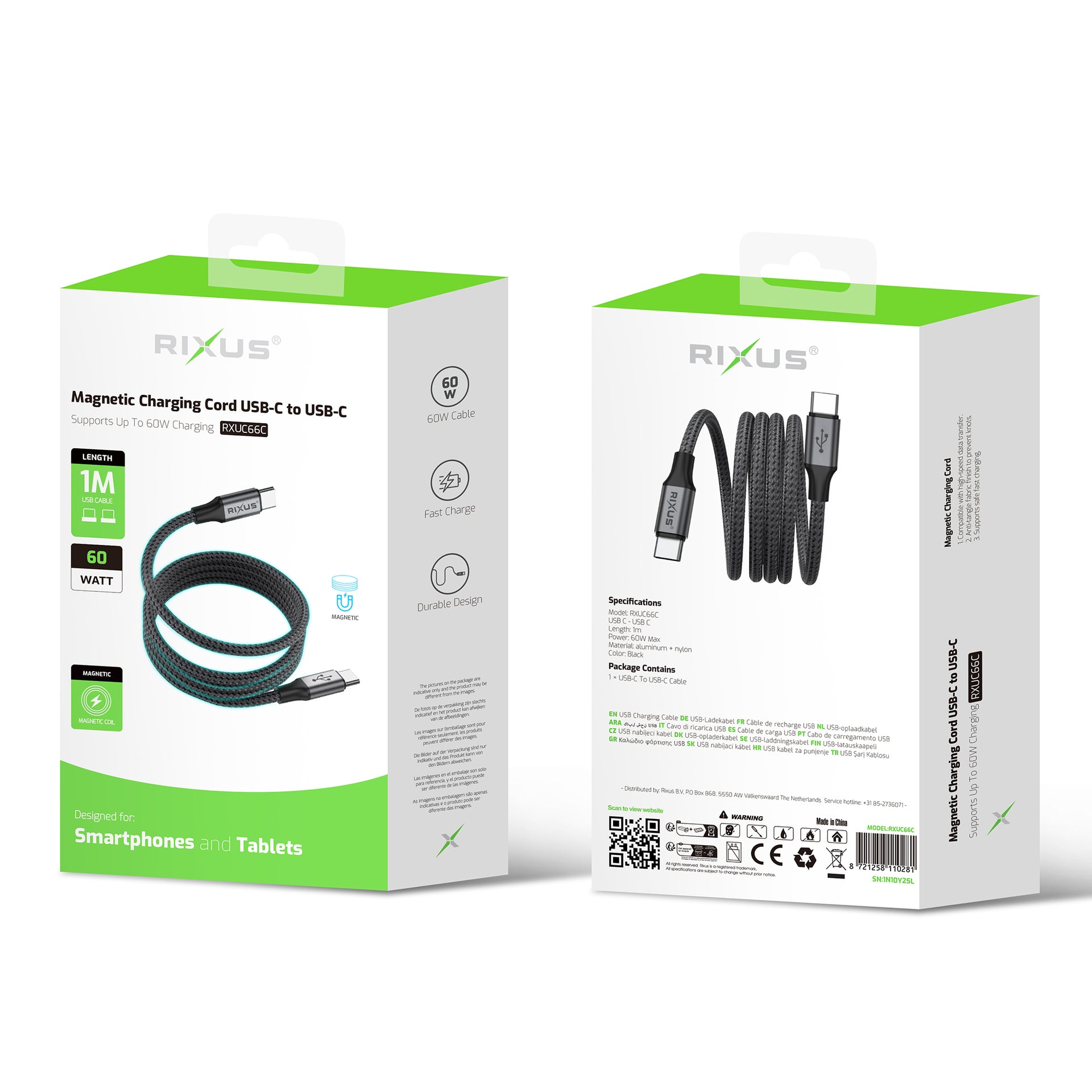 Rixus RXUC66C Magnetic Charging Cord USB-C To USB-C 1m 60W Black
