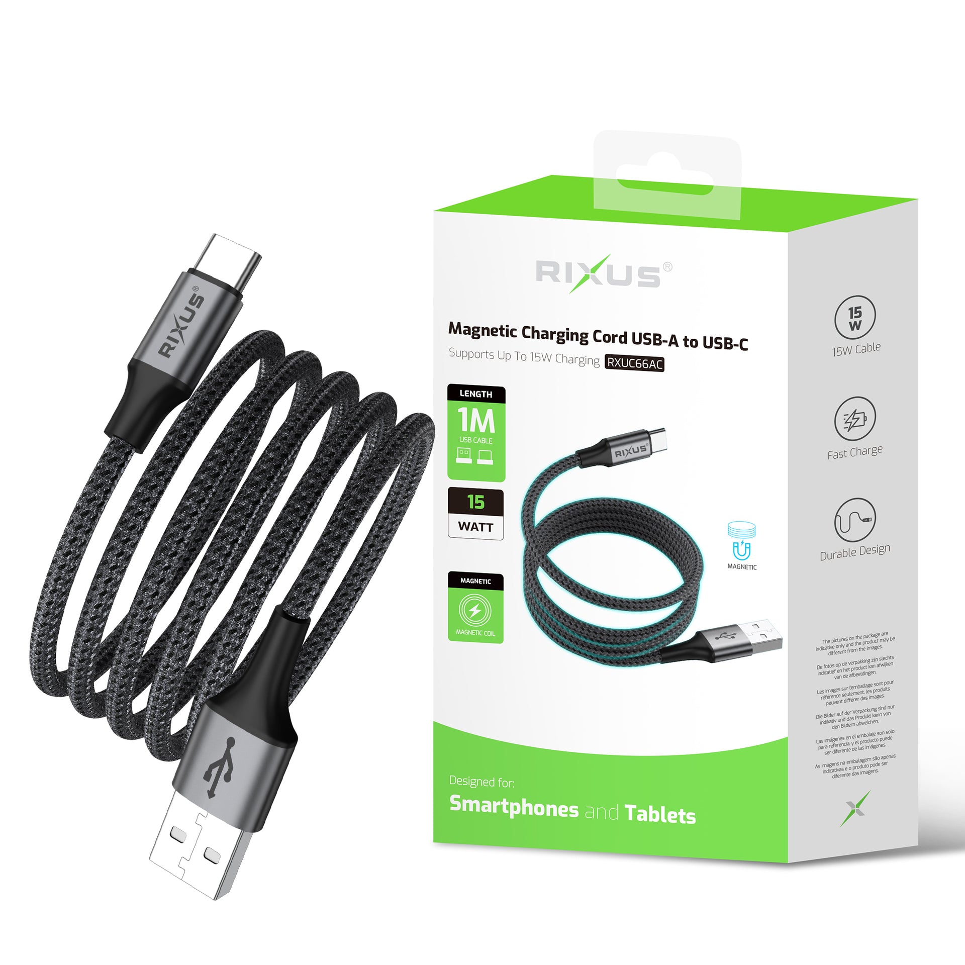 Rixus RXUC66AC Magnetic Charging Cord USB-A To USB-C 1m 15W Black