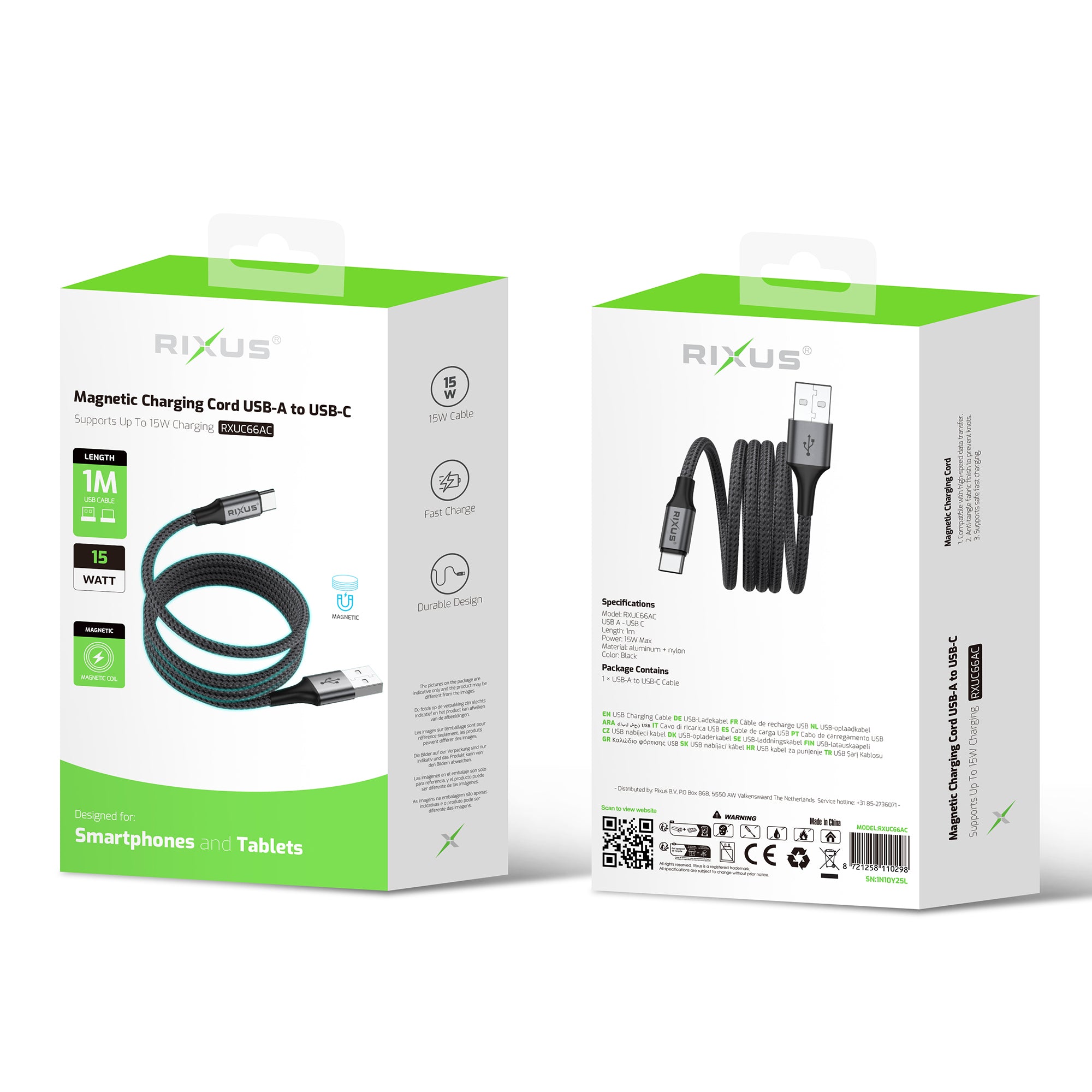 Rixus RXUC66AC Magnetic Charging Cord USB-A To USB-C 1m 15W Black