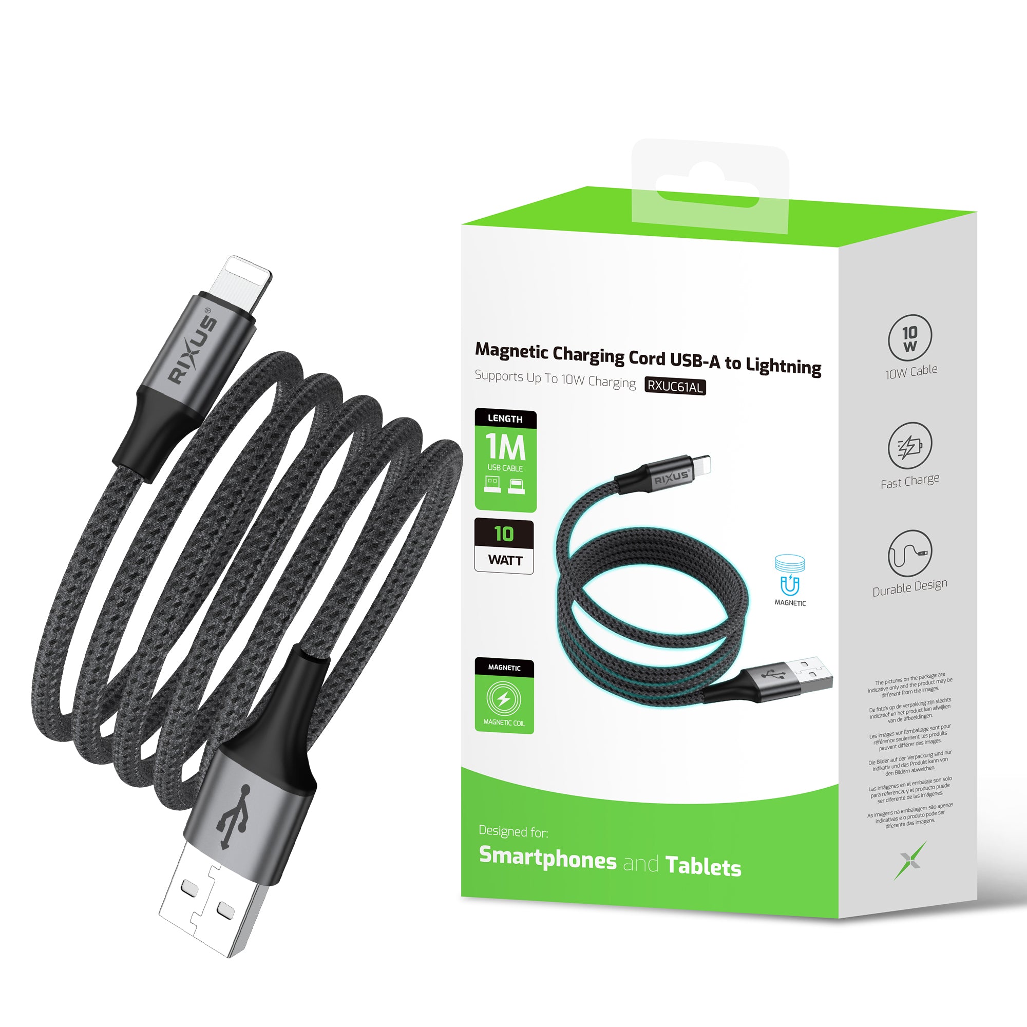 Rixus RXUC66AL Magnetic Charging Cord USB-A To Lightning Connector 1m 10W Black