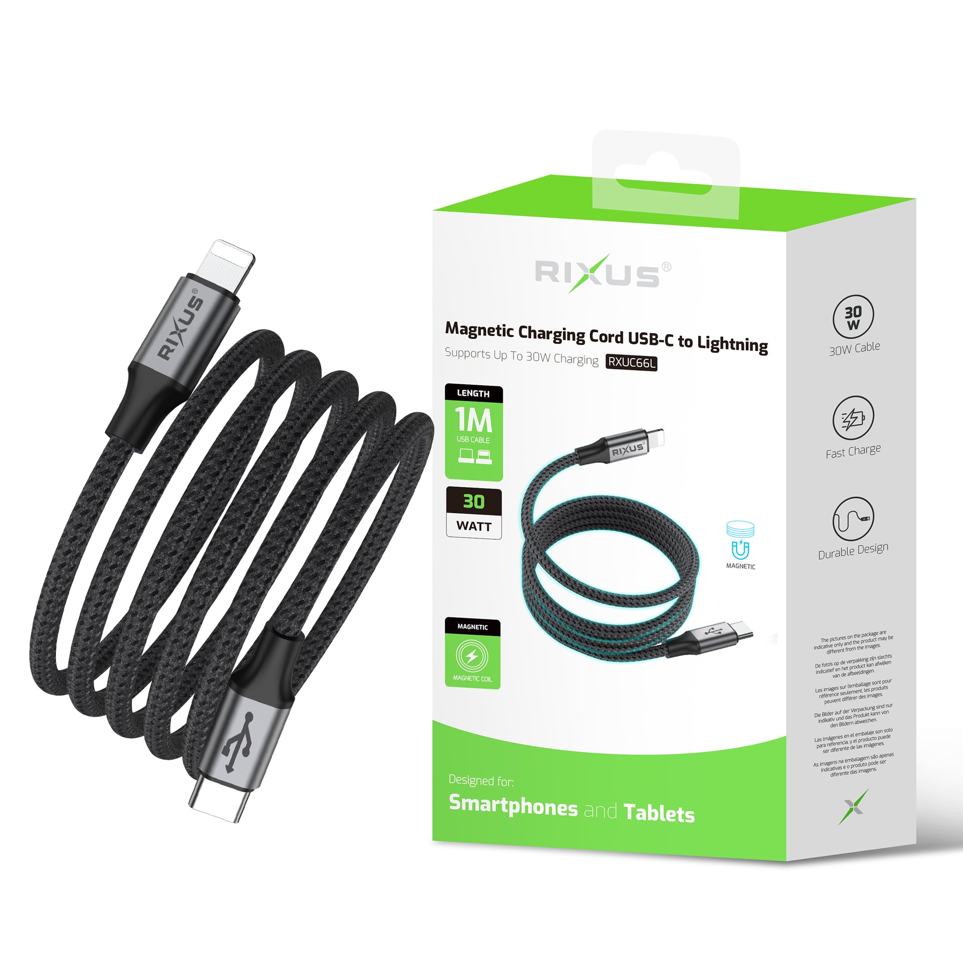 Rixus RXUC66L Magnetic Charging Cord USB-C To Lightning Connector 1m 18W Black