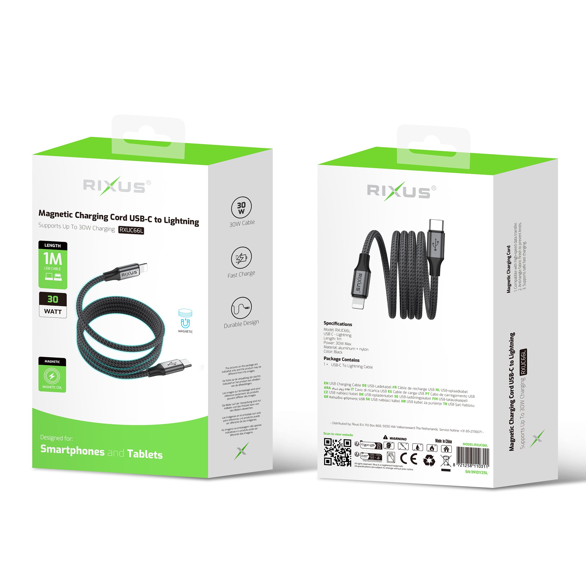 Rixus RXUC66L Magnetic Charging Cord USB-C To Lightning Connector 1m 18W Black