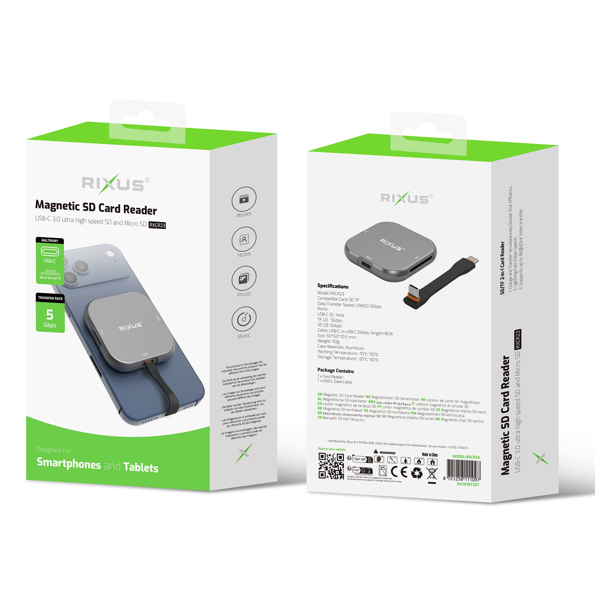 Rixus RXCR23 Magnetic SD Card Reader Gray