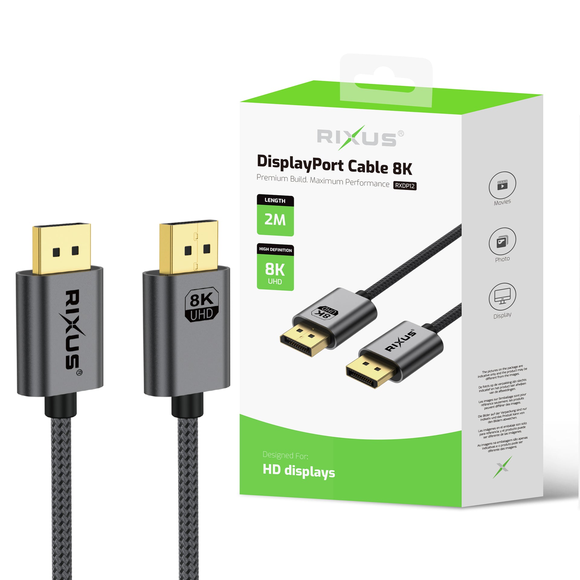 Rixus RXDP12 Display Port Cable 8K 2m Space Grey