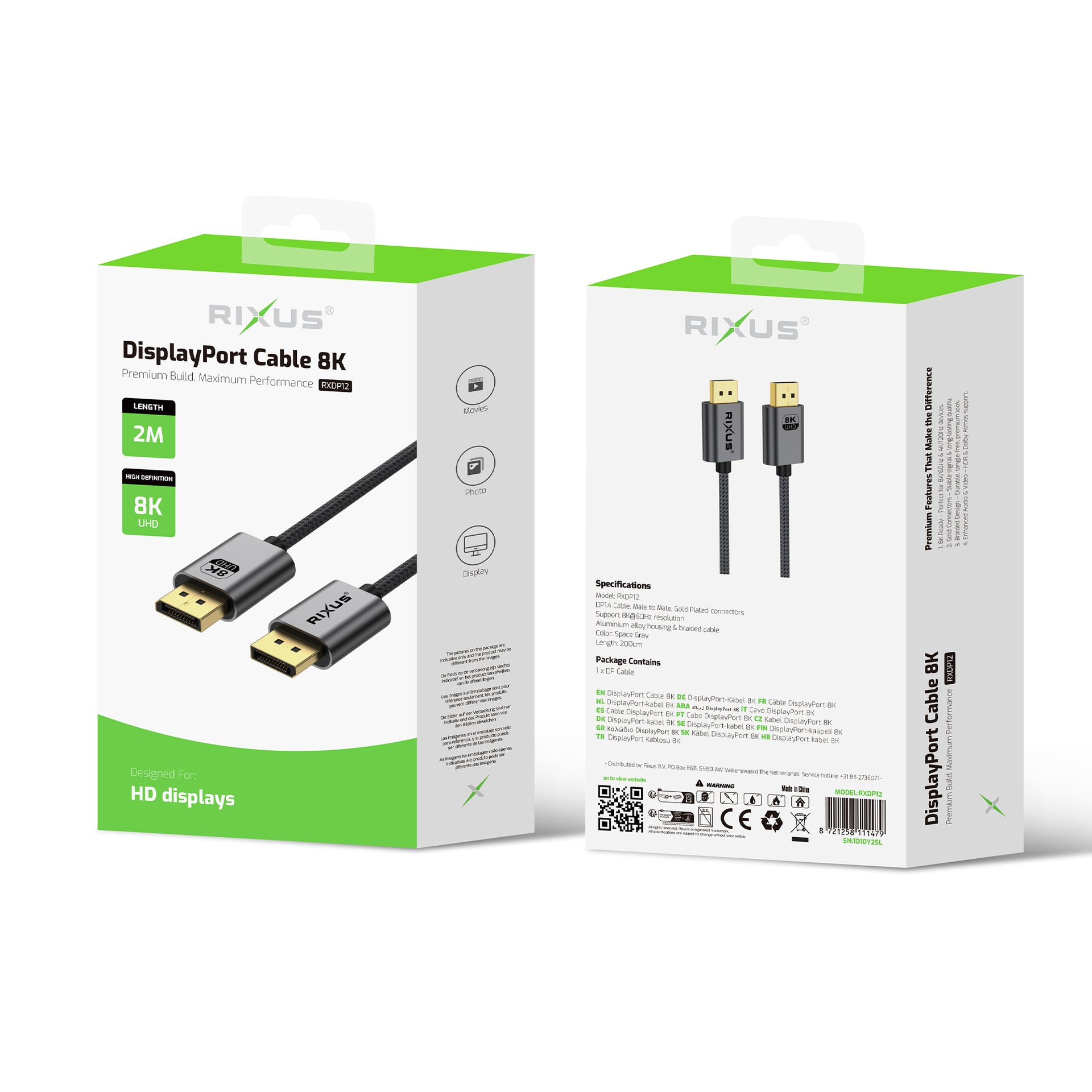 Rixus RXDP12 Display Port Cable 8K 2m Space Grey
