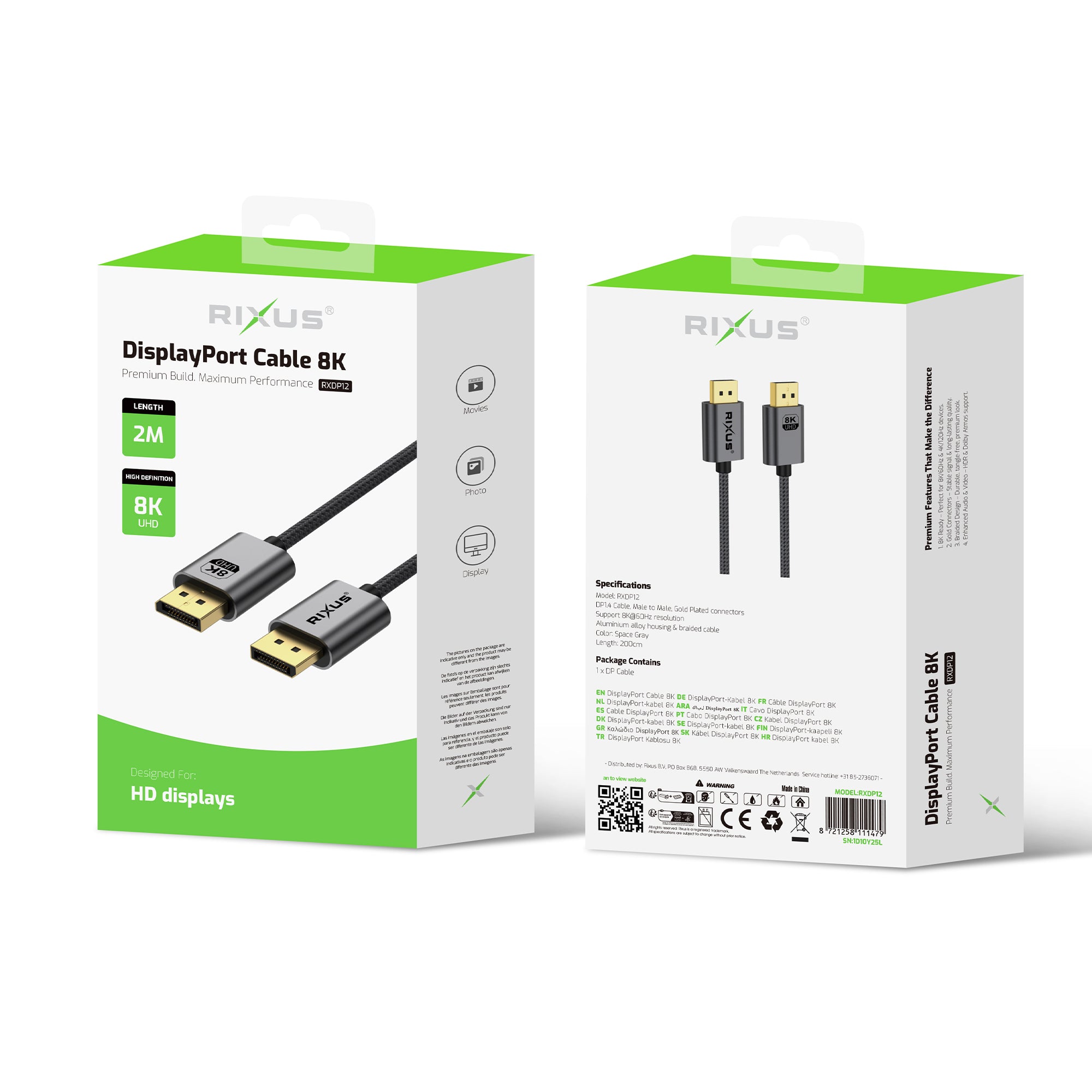 Rixus RXDP12 Display Port Cable 8K 2m Space Grey