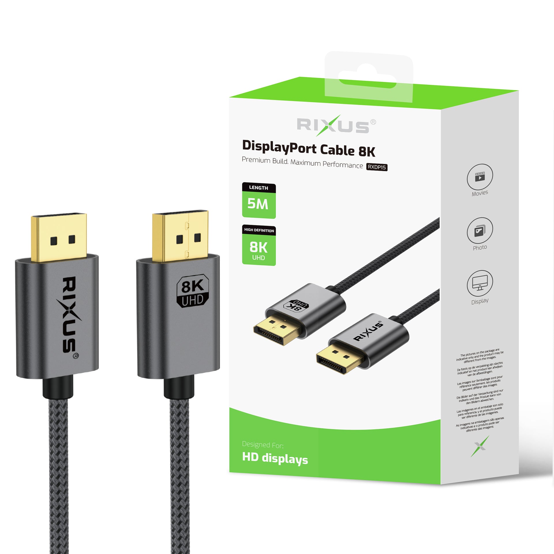 Rixus RXDP15 Display Port Cable 8K 5m Space Grey