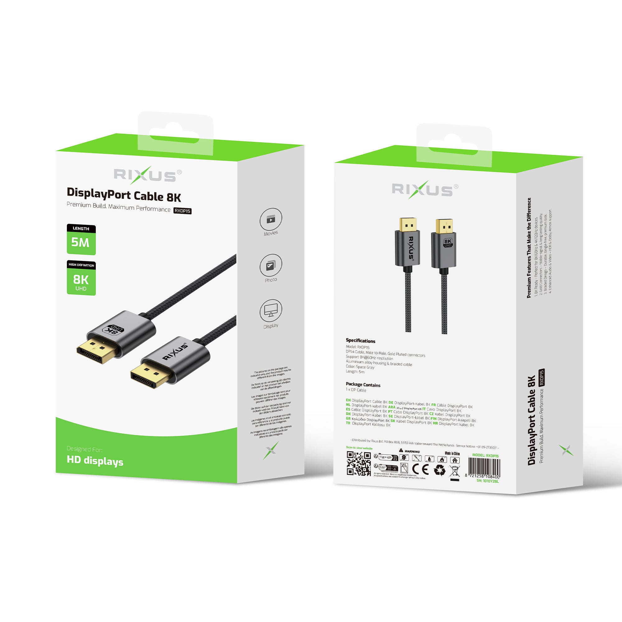 Rixus RXDP15 Display Port Cable 8K 5m Space Grey
